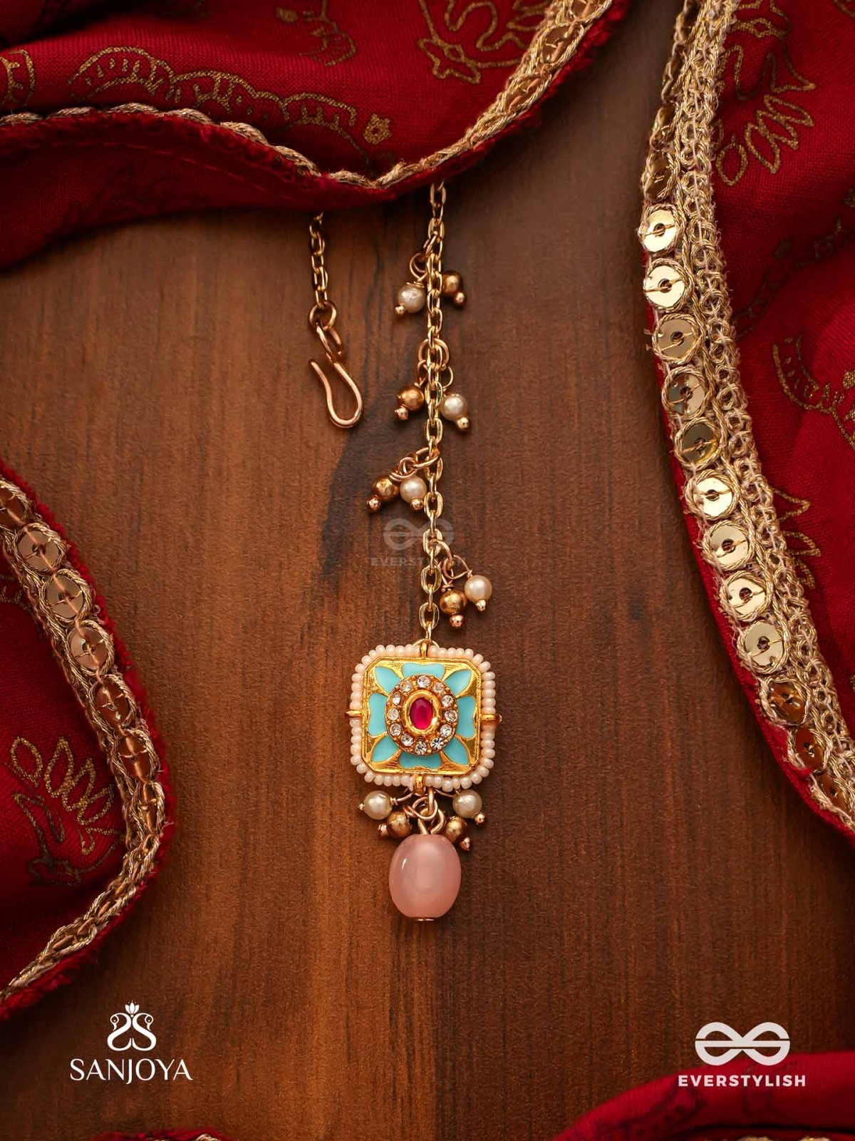 PUSHPAKSHI - BLOSSOMING BEAUTY - DELICATE KUNDAN MULTI-TONED ENAMEL MAANGTIKA WITH DAINTY GEMSTONE DROPS