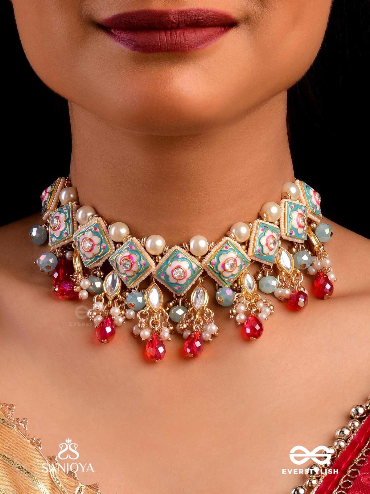 ANUPAMA - INCOMPARABLE BEAUTY - STATEMENT ENAMELLED KUNDAN NECKLACE WITH DAZZLING PEARLS, BEADS AND GEMS