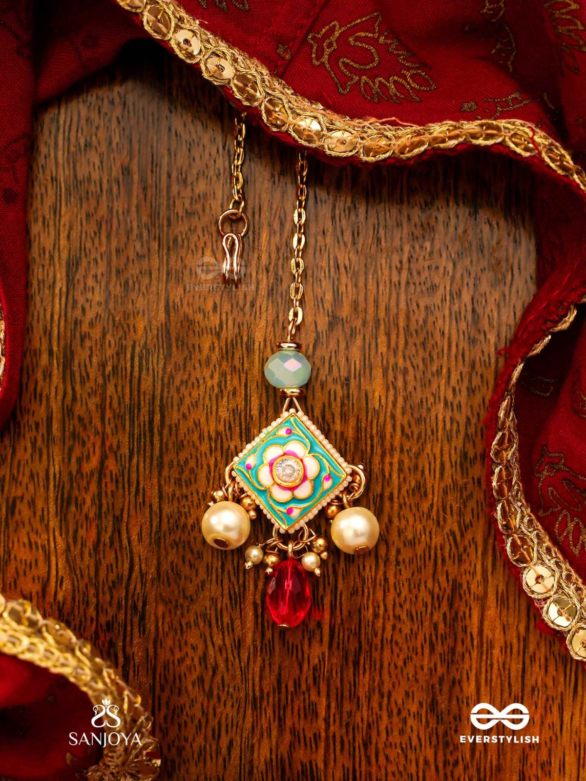 ANUPAMA - INCOMPARABLE BEAUTY - STATEMENT ENAMELLED KUNDAN MAANGTIKA WITH DAZZLING PEARLS, BEADS AND GEMS