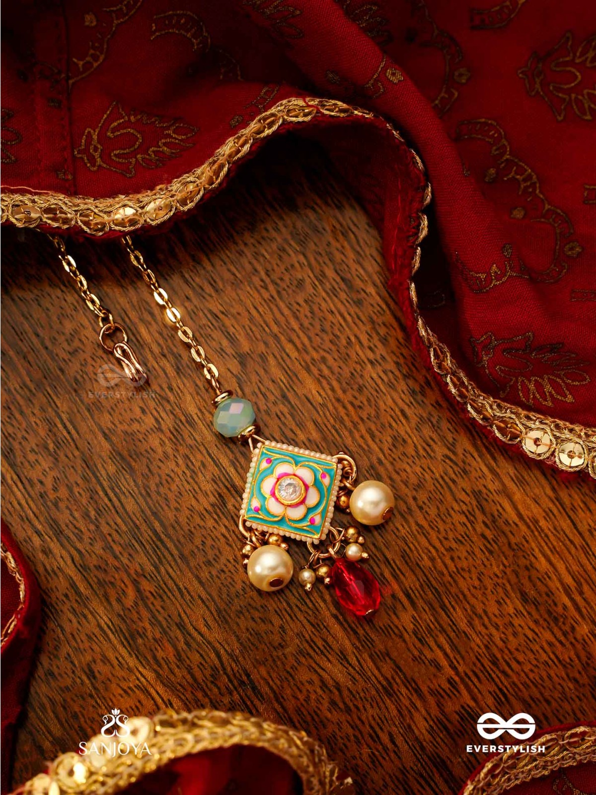 ANUPAMA - INCOMPARABLE BEAUTY - STATEMENT ENAMELLED KUNDAN MAANGTIKA WITH DAZZLING PEARLS, BEADS AND GEMS