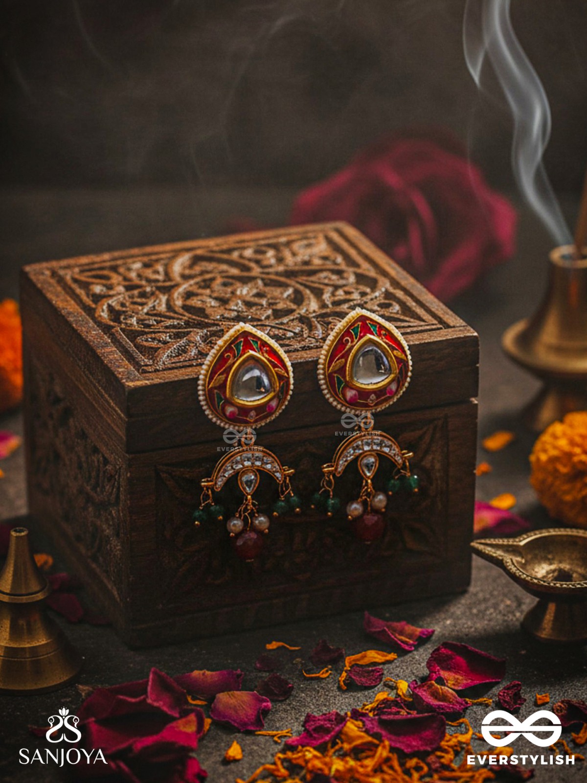 ANUPRITA - DIVINELY ADORNED - TRADITIONAL KUNDAN EARRINGS WITH PEARL AND BEADS