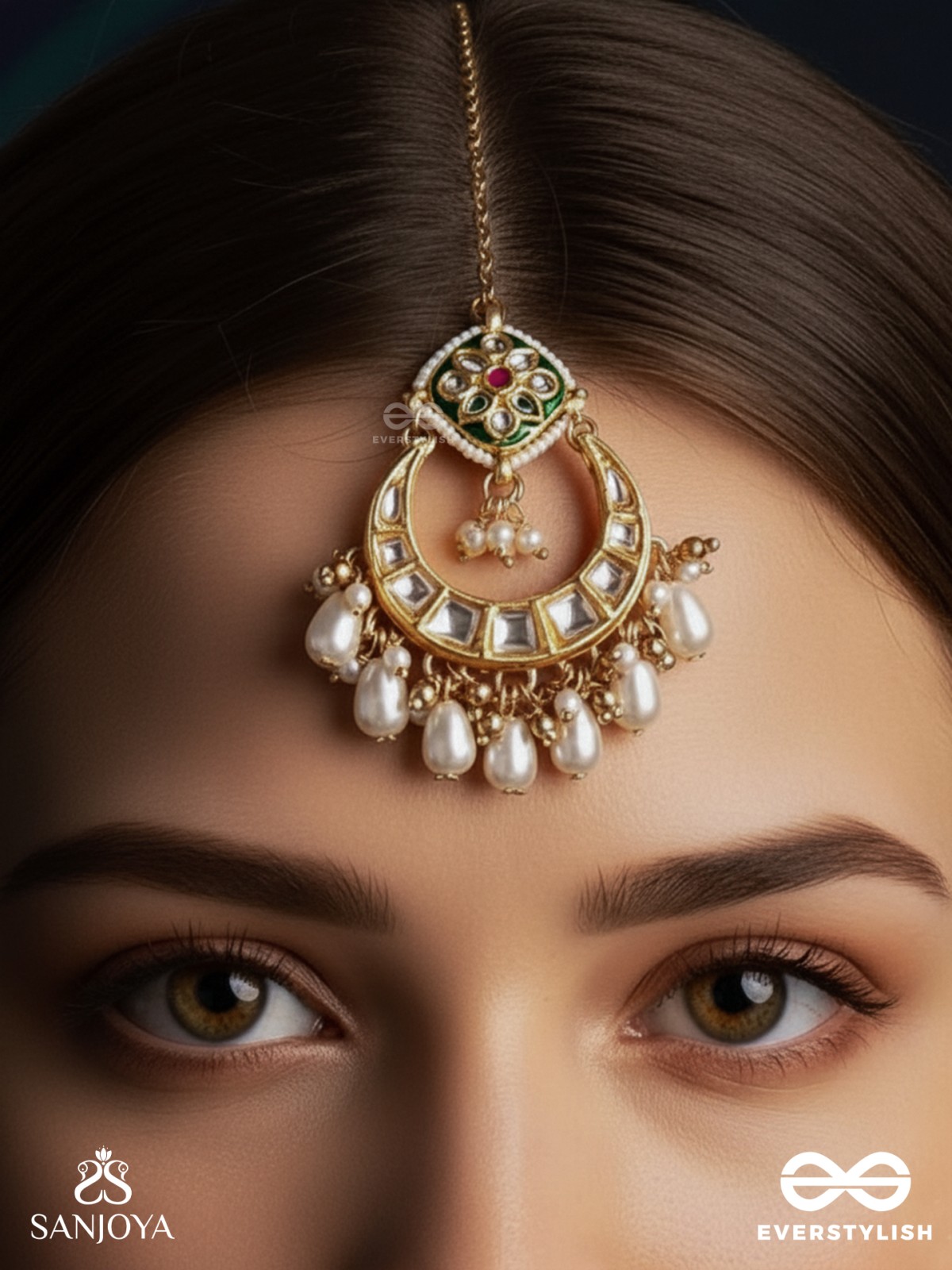 VIBHAVATI - ADORNED WITH RICHNESS - EXQUISITE KUNDAN MAANGTIKA WITH ENAMELLED POLKI DESIGN, PEARLS AND GEMSTONES