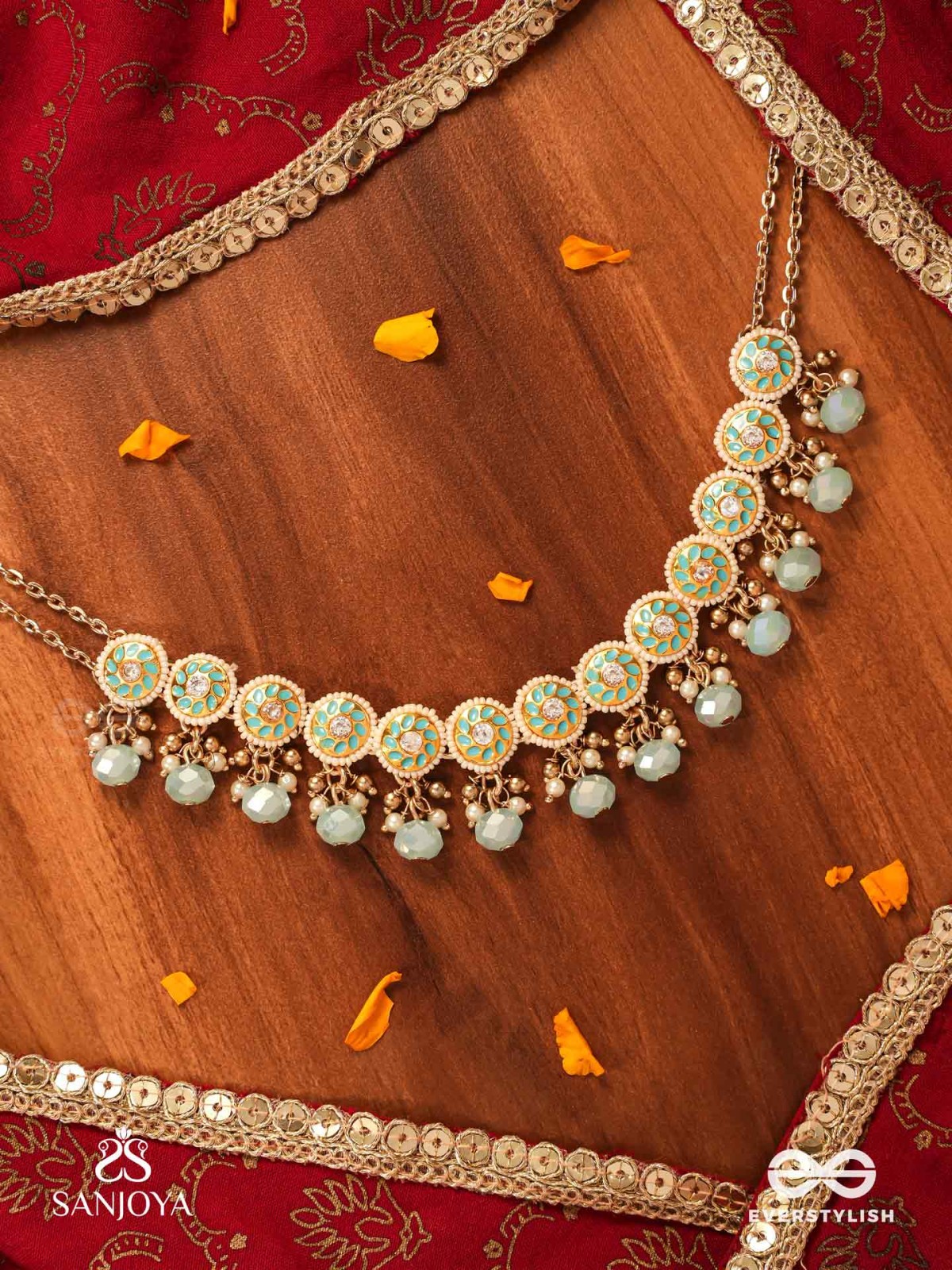 VARUNIKA - GODDESS OF WATER - GRACEFUL BLUE ENAMEL KUNDAN CHOKER WITH LUSTROUS DROPS