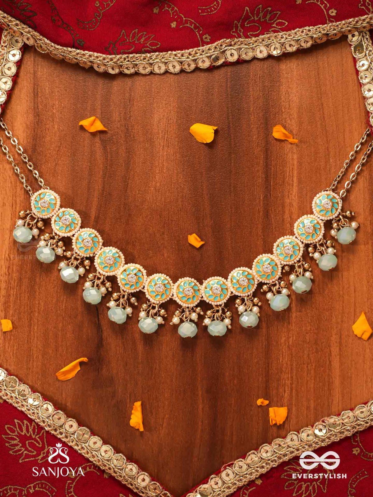 VARUNIKA - GODDESS OF WATER - GRACEFUL BLUE ENAMEL KUNDAN CHOKER WITH LUSTROUS DROPS