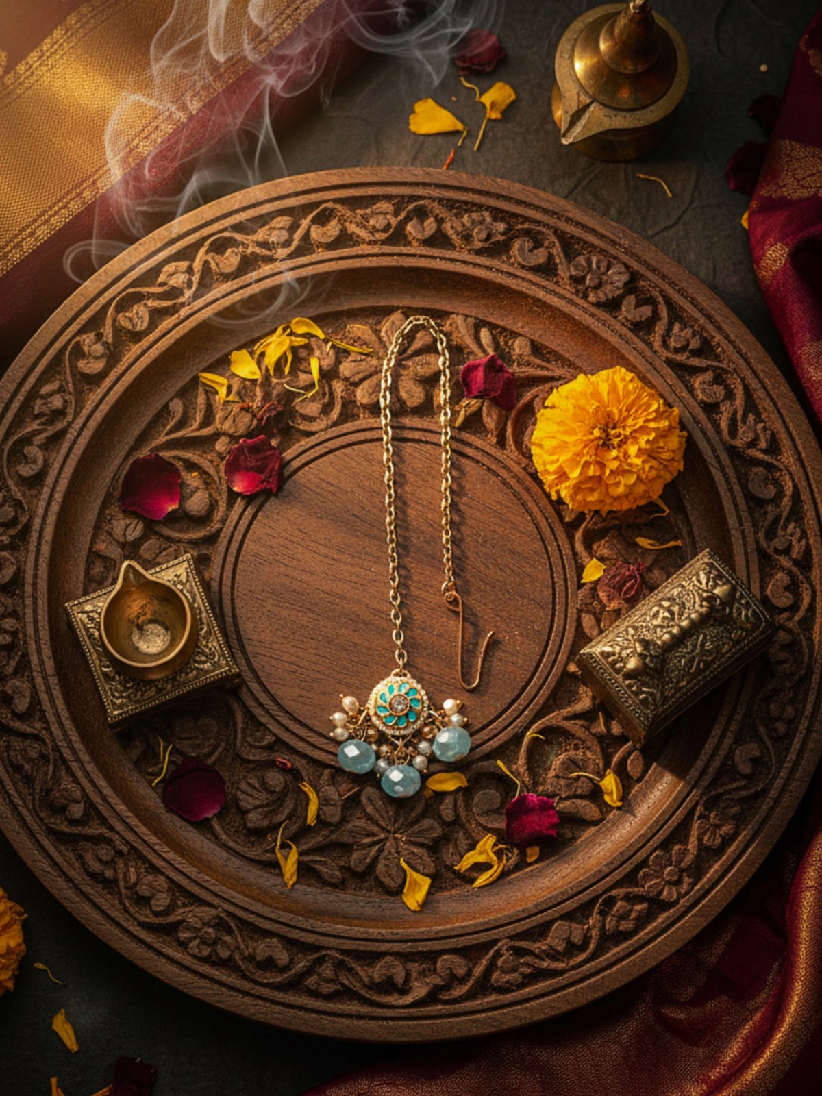 VARUNIKA - GODDESS OF WATER - GRACEFUL BLUE ENAMEL KUNDAN MAANGTIKA WITH LUSTROUS DROPS