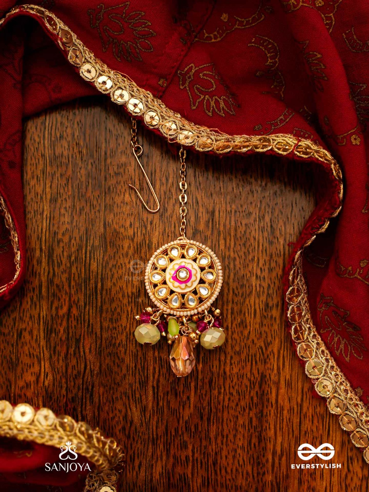 HARITRINA - GREEN AND PINK BEAUTY - ORNATE KUNDAN MAANGTIKA WITH FLORAL MOTIFS AND SPARKLING DROPS