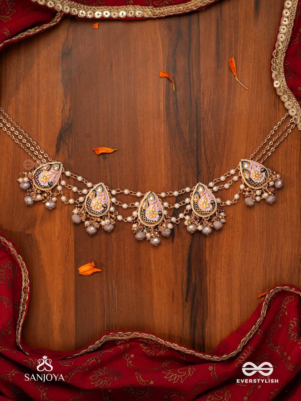 CHITRAMANI - JEWELLED ART - HANDCRAFTED KUNDAN NECKLACE WITH DETAILED ENAMEL WORK AND SOFT GEM DROPS
