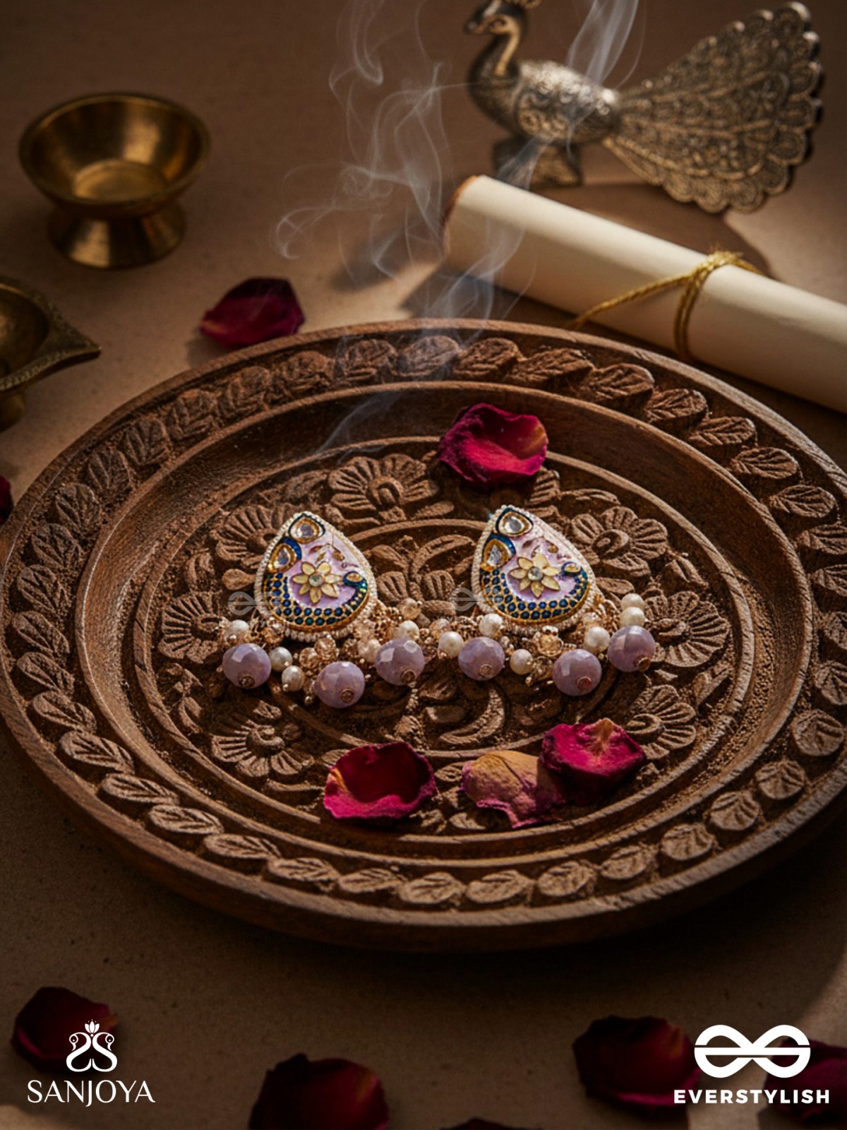 CHITRAMANI - JEWELLED ART - HANDCRAFTED KUNDAN EARRINGS WITH DETAILED ENAMEL WORK AND SOFT GEM DROPS