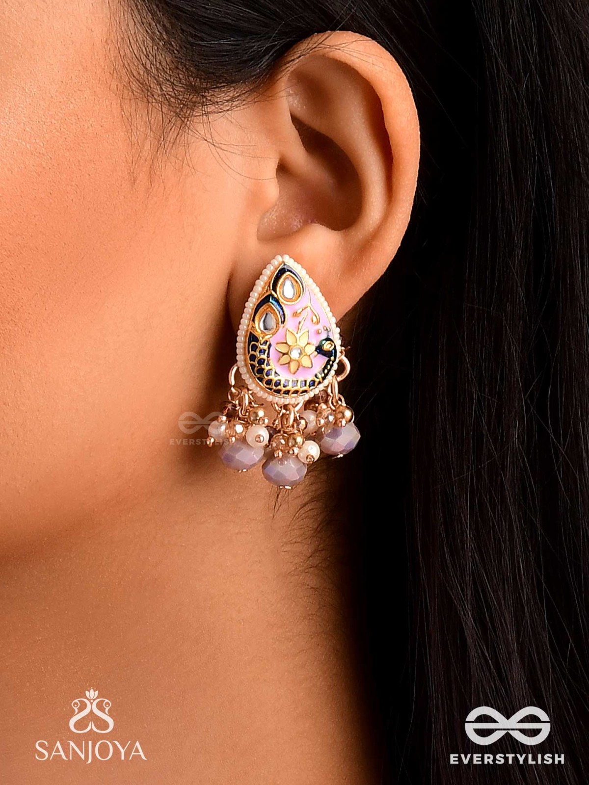 CHITRAMANI - JEWELLED ART - HANDCRAFTED KUNDAN EARRINGS WITH DETAILED ENAMEL WORK AND SOFT GEM DROPS