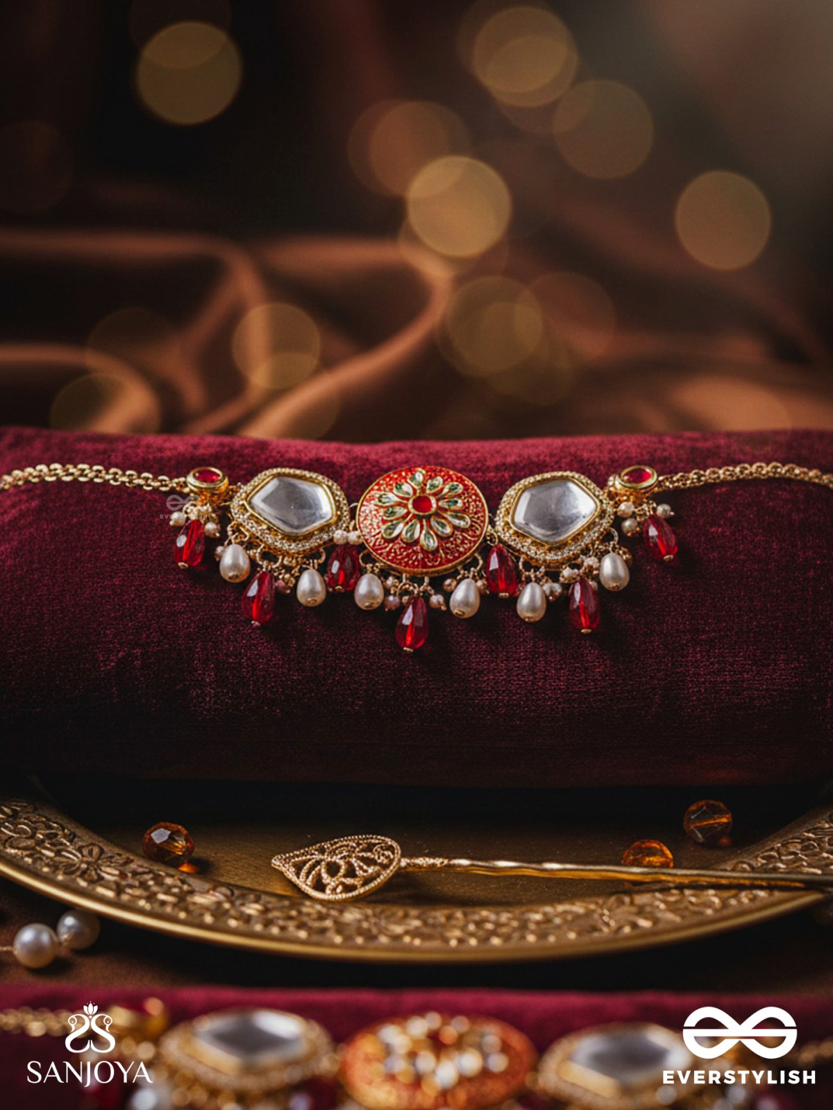 AGNITA - FIERY BEAUTY - INTRICATE KUNDAN RED POLKI CHOKER WITH DAZZLING MIRROR ACCENTS, PEARLS AND GEM FRINGES