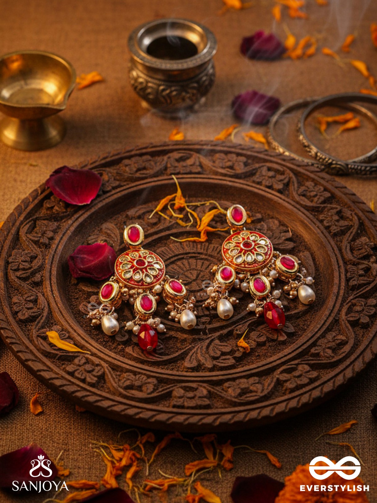 AGNITA - FIERY BEAUTY - INTRICATE KUNDAN RED POLKI EARRINGS WITH PEARLS AND GEM FRINGES