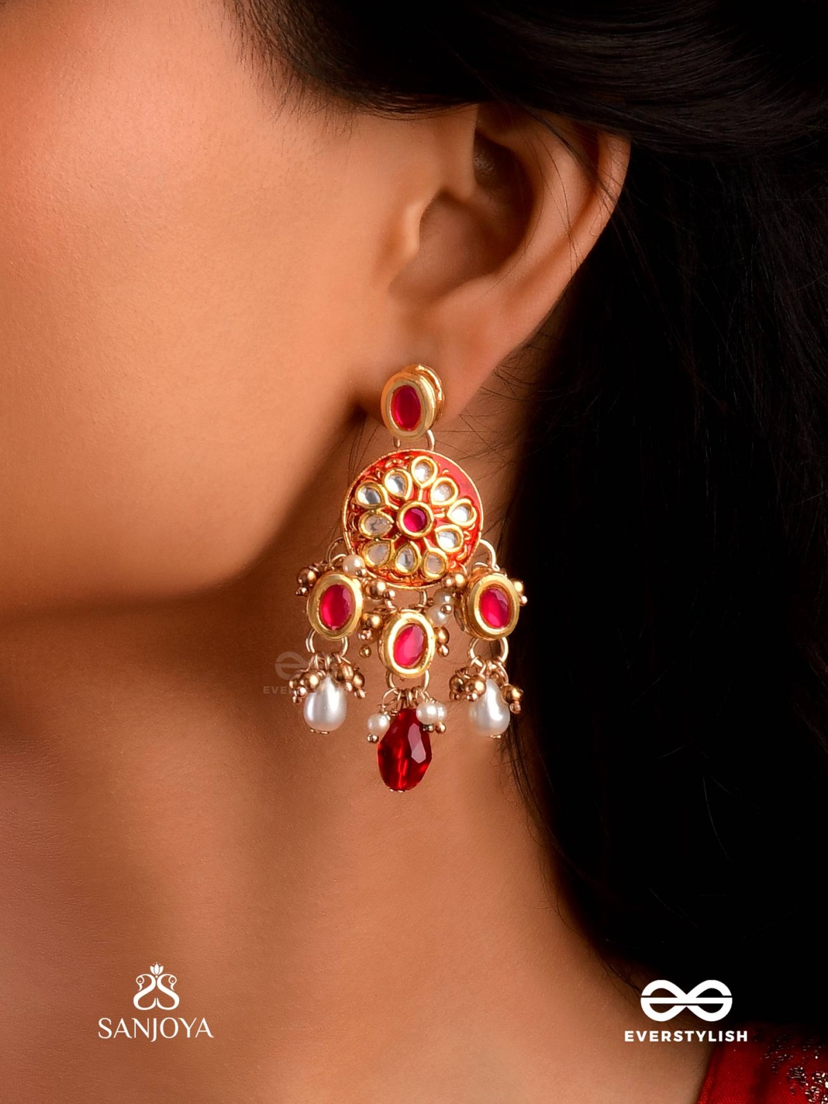 AGNITA - FIERY BEAUTY - INTRICATE KUNDAN RED POLKI EARRINGS WITH PEARLS AND GEM FRINGES