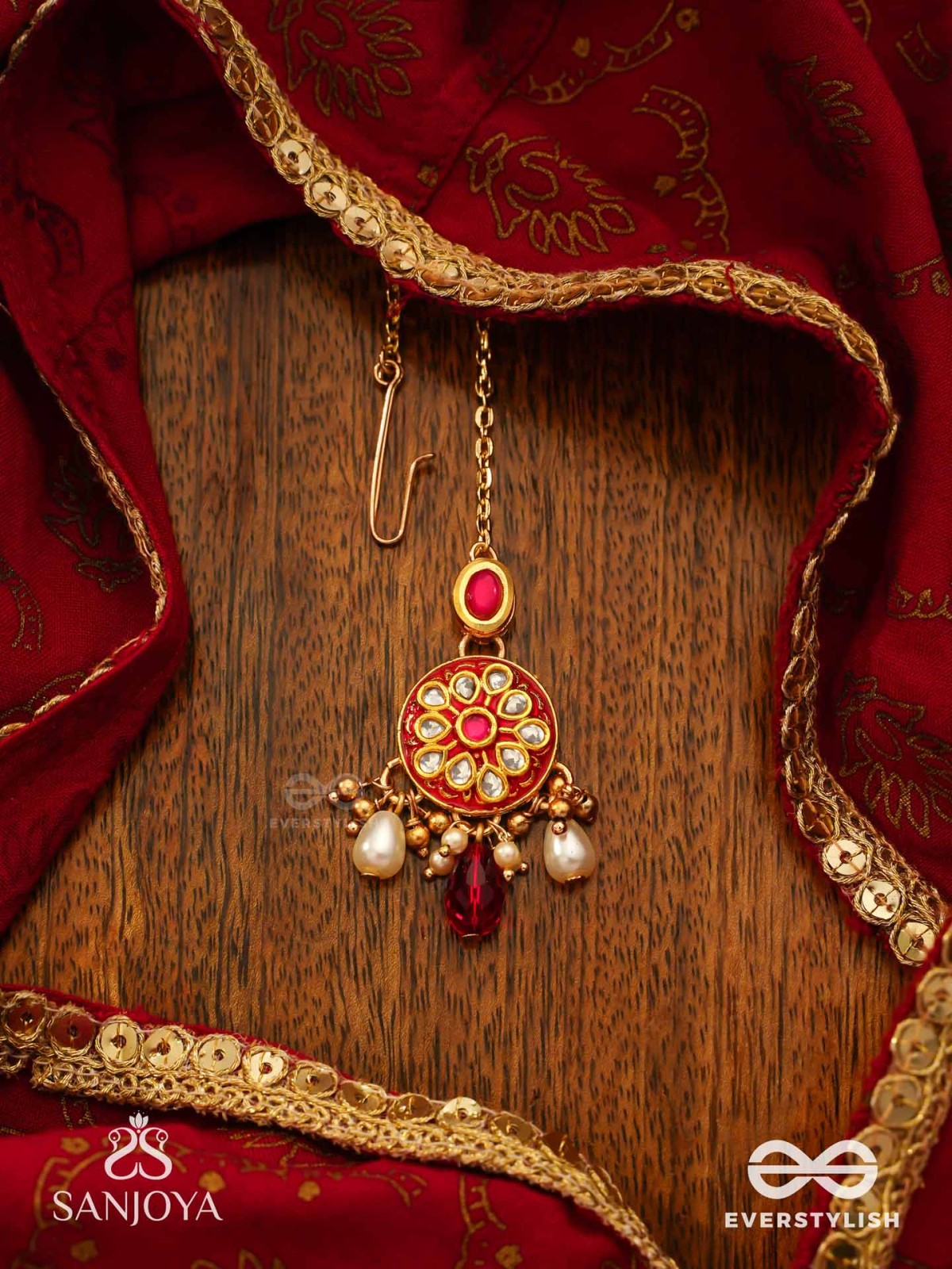 AGNITA - FIERY BEAUTY - INTRICATE KUNDAN RED POLKI MAANGTIKA WITH PEARLS AND GEM FRINGES