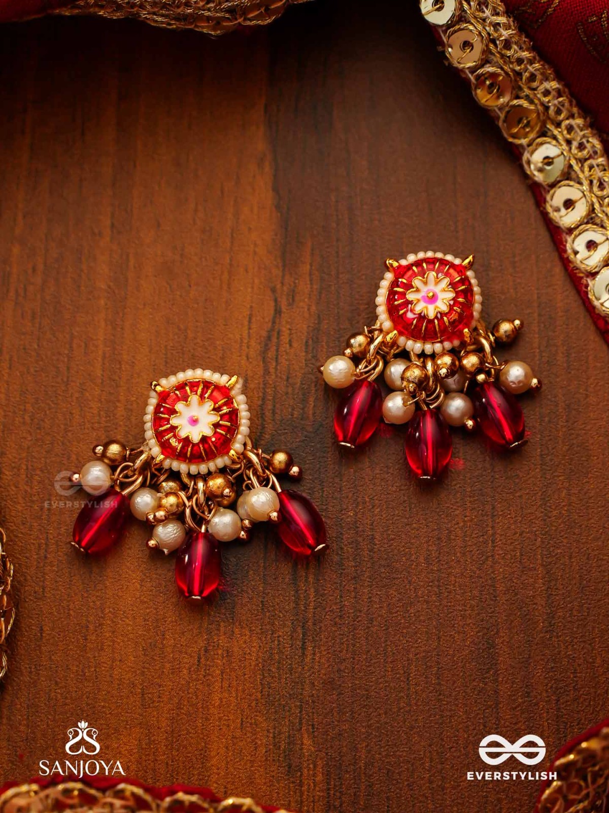 TRADITIONAL RED ENAMELLED POLKI EARRINGS WITH LUSTROUS BEADS AND PEARLS