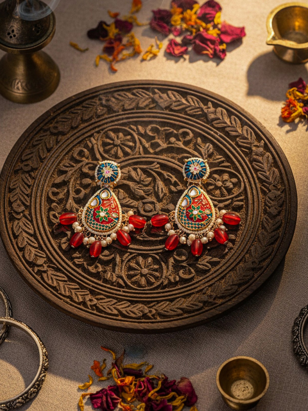 SUVARNAPUSHPA - GOLDEN BLOSSOM - LUXURIOUS HERITAGE KUNDAN EARRINGS WITH RED AND BLUE ENAMEL WORK, PEARLS AND BEADS