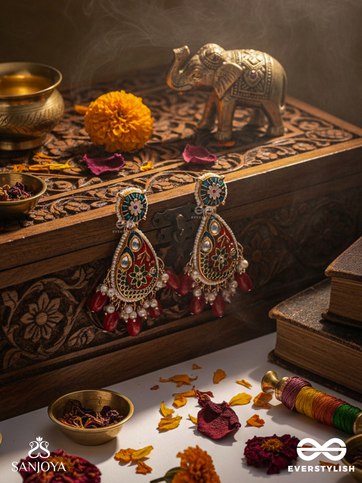 SUVARNAPUSHPA - GOLDEN BLOSSOM - LUXURIOUS HERITAGE KUNDAN EARRINGS WITH RED AND BLUE ENAMEL WORK, PEARLS AND BEADS