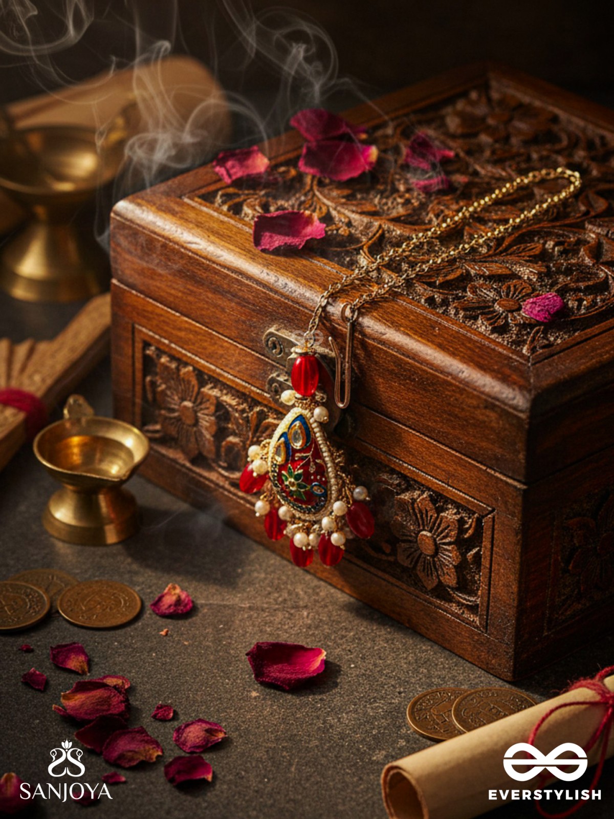 SUVARNAPUSHPA - GOLDEN BLOSSOM - LUXURIOUS HERITAGE KUNDAN MAANGTIKA WITH RED AND BLUE ENAMEL WORK, PEARLS AND BEADS