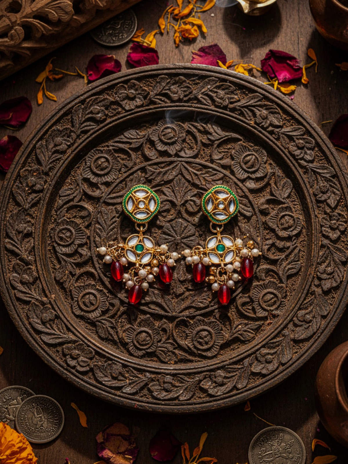 VIMALA - PURE AND DIVINE - ORNATE  KUNDAN EARRINGS WITH ROYAL RED STONES AND PEARLS