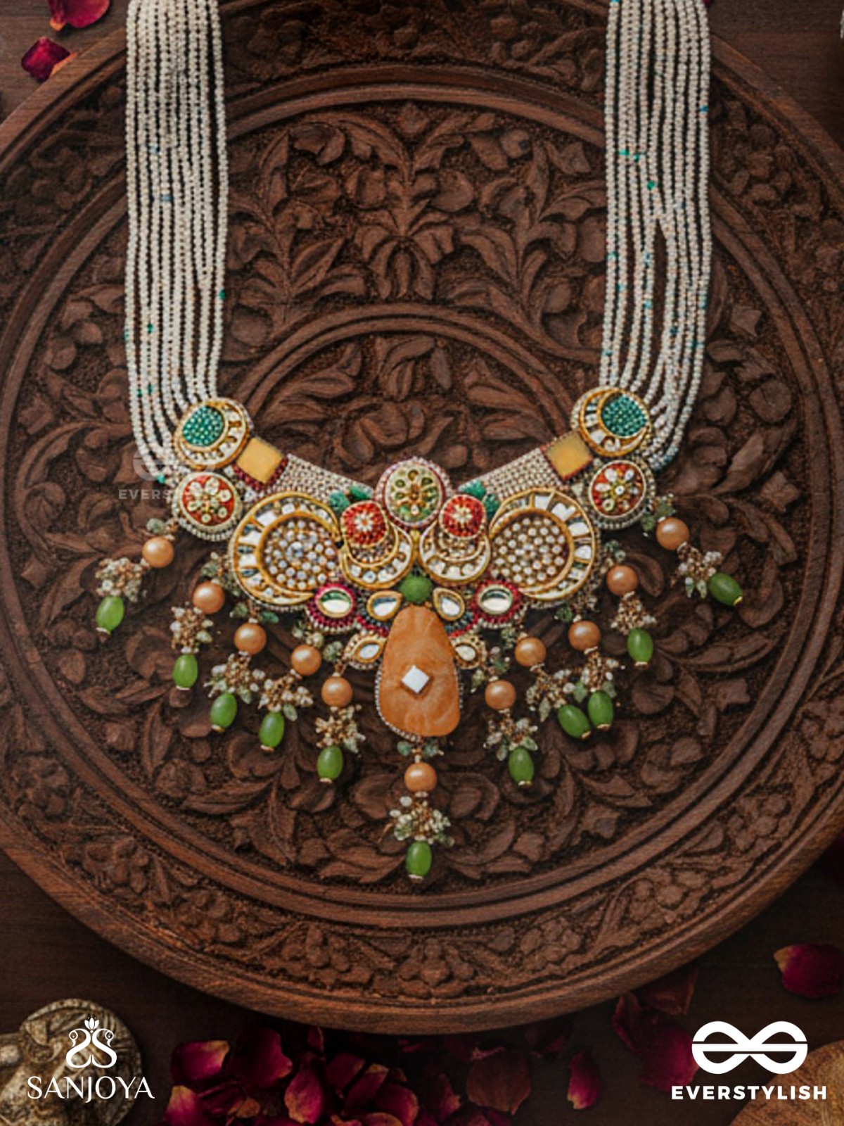 VASANTINI - SPRING’S BEAUTY - GRAND KUNDAN MULTI-CHAIN NECKLACE WITH PEARLS, BEADS AND GEM FRINGES