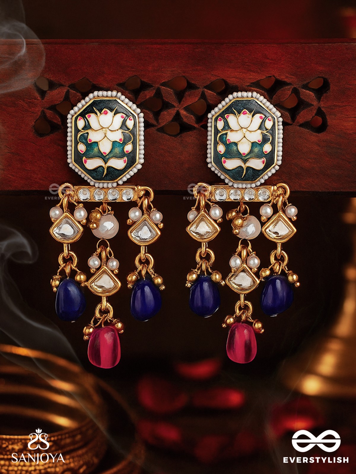 SANDHYARAGA - EVENING HUES - EXQUISITE KUNDAN EARRINGS WITH ENAMELLING AND GEM DROPS