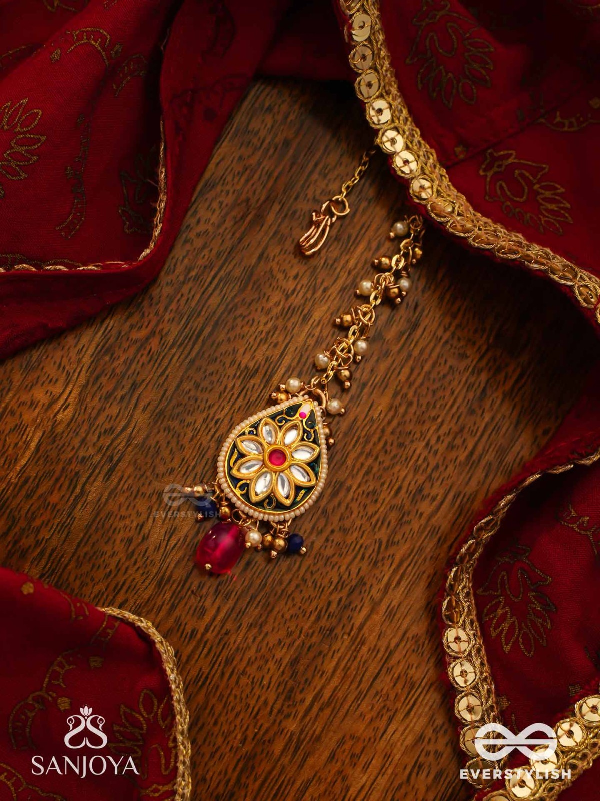 SANDHYARAGA - EVENING HUES - EXQUISITE KUNDAN MAANGTIKA WITH ENAMELLING AND GEM DROPS