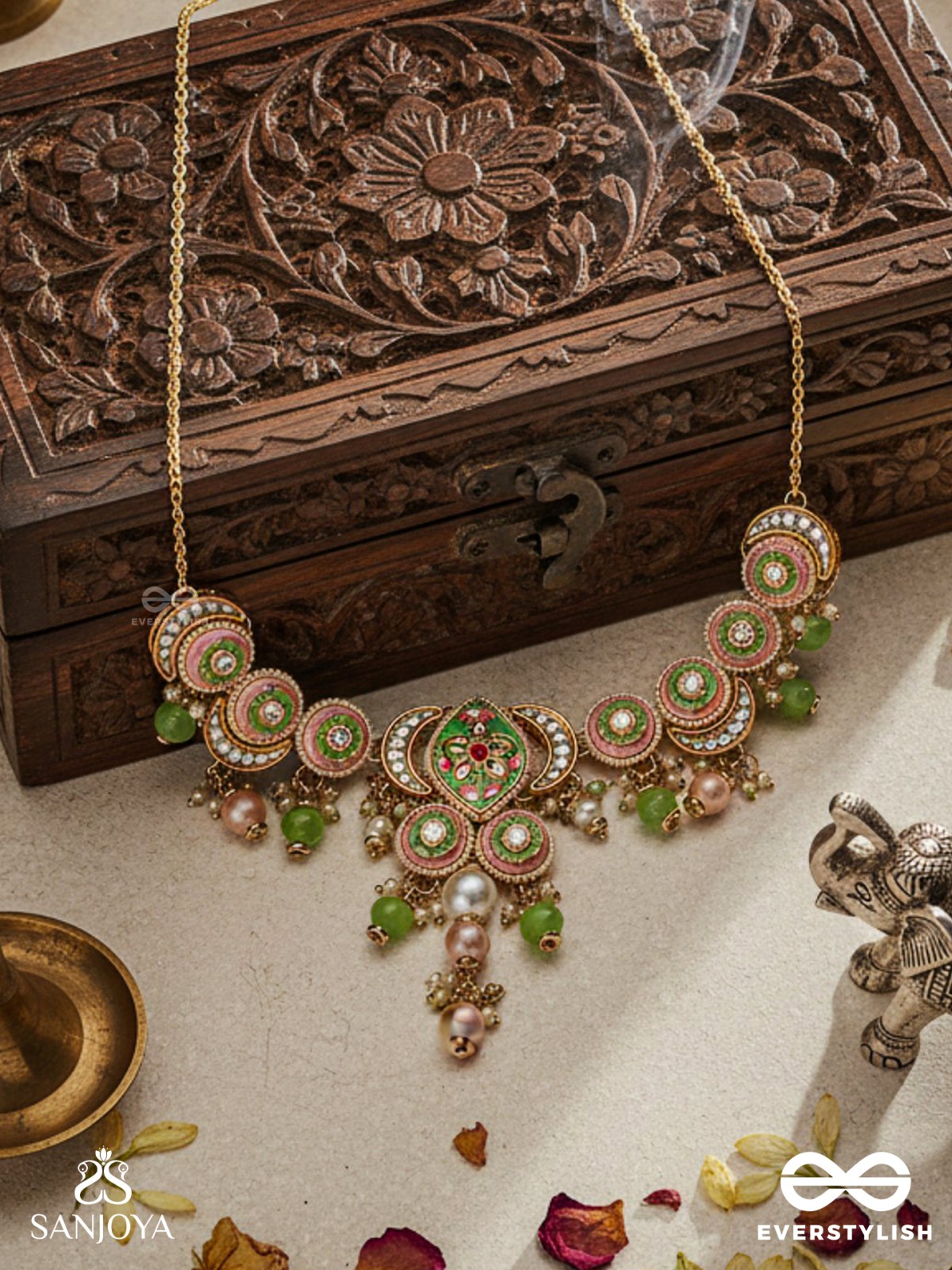 HARITRINA - VERDANT BEAUTY - KUNDAN DAINTY GOLDEN NECKLACE WITH HANDCRAFTED FLORAL ENAMEL WORK