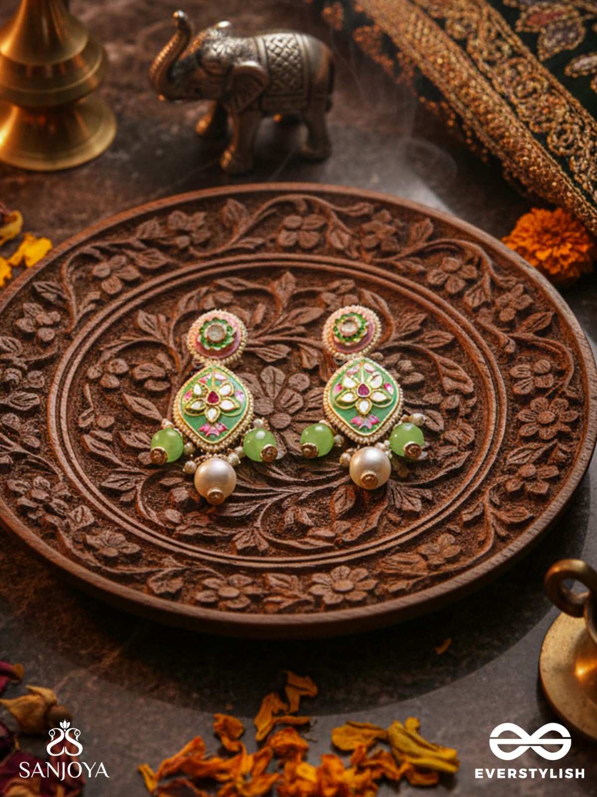 HARITRINA - VERDANT BEAUTY - KUNDAN DAINTY GOLDEN EARRINGS WITH HANDCRAFTED FLORAL ENAMEL WORK
