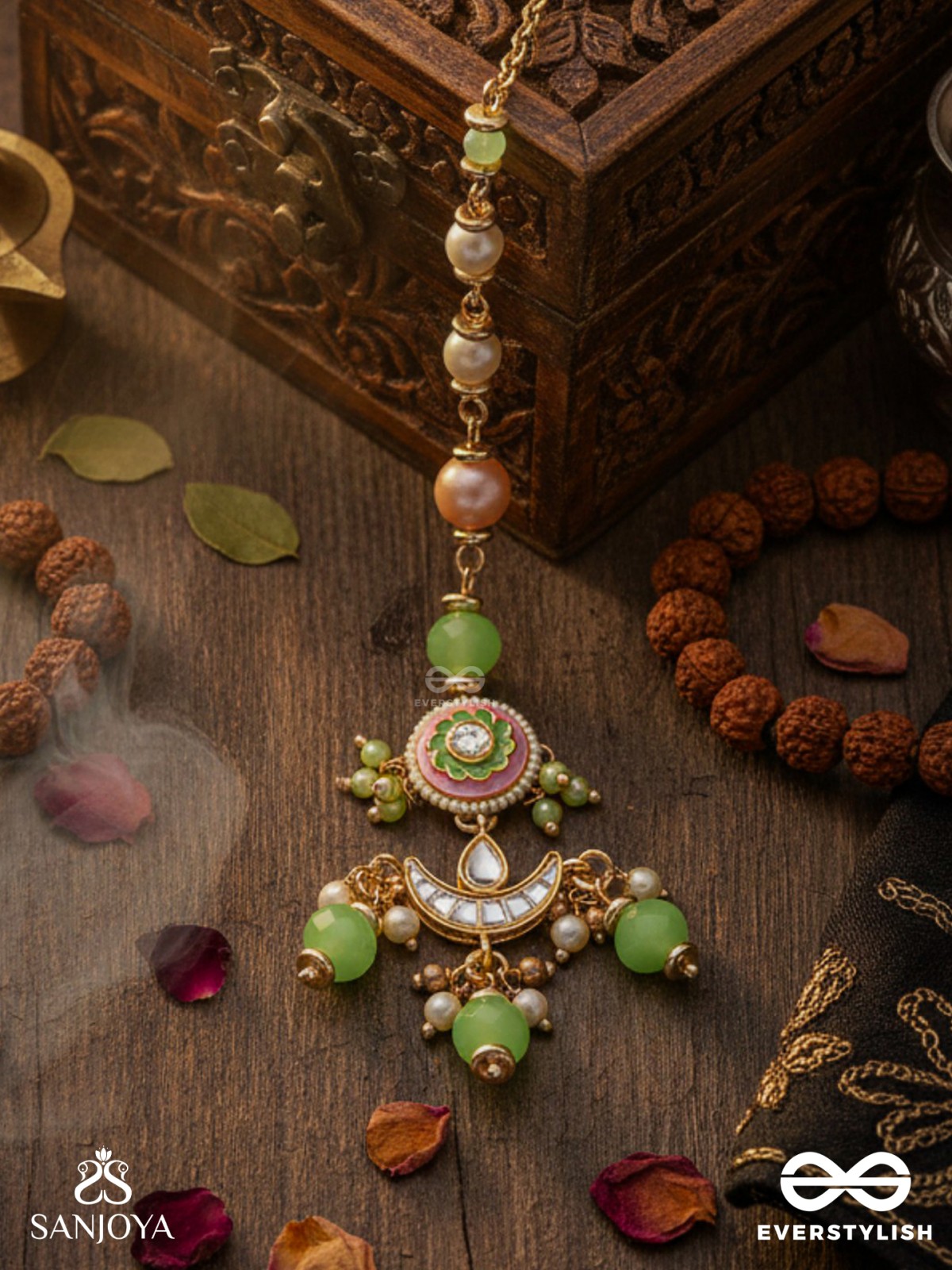 HARITRINA - VERDANT BEAUTY - KUNDAN DAINTY GOLDEN MAANGTIKA WITH HANDCRAFTED FLORAL ENAMEL WORK