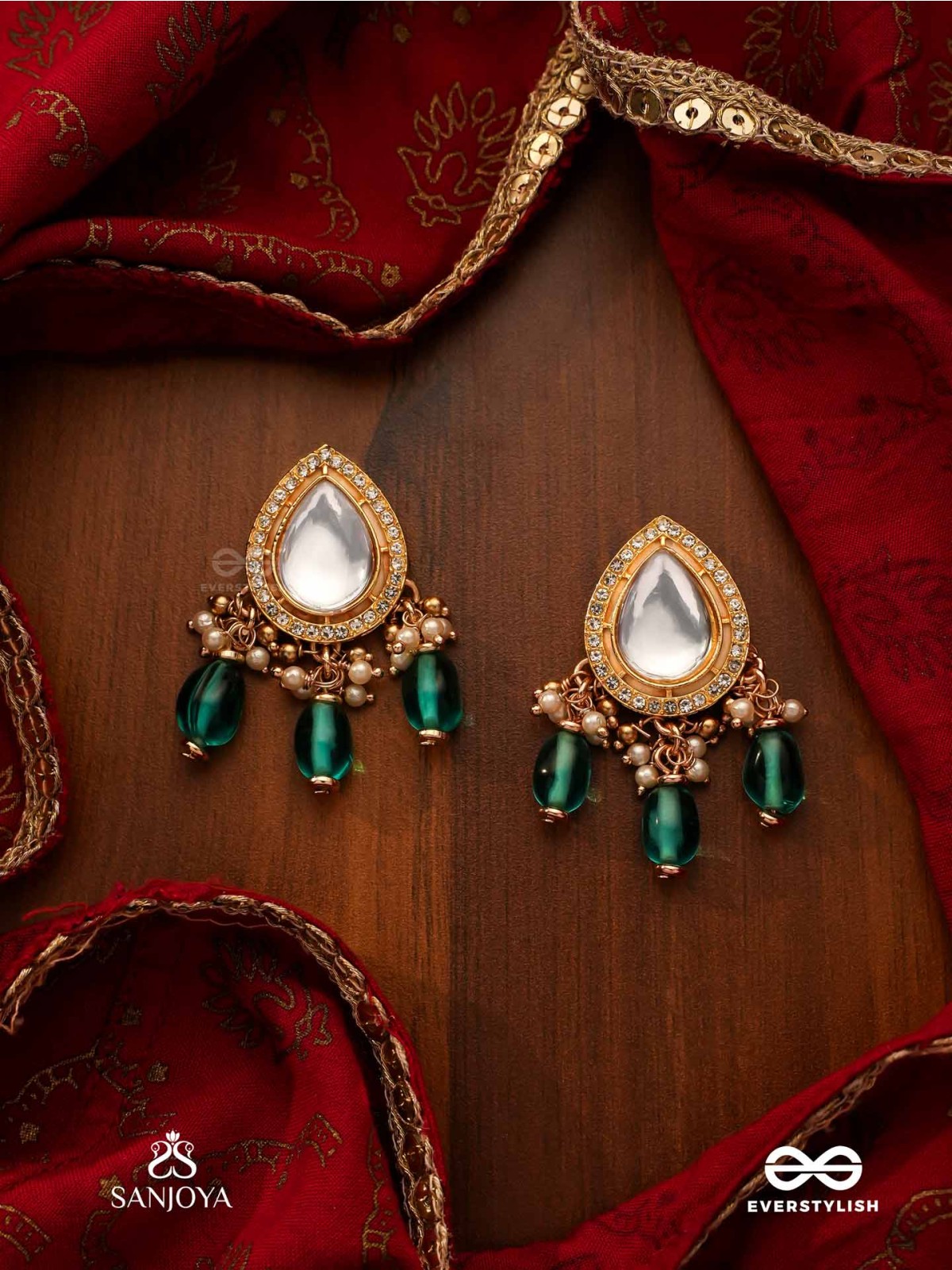 INDRANEELA - BLUE SAPPHIRE GLOW - ROYAL KUNDAN POLKI EARRINGS WITH SPARKLING TEAL GEMSTONES