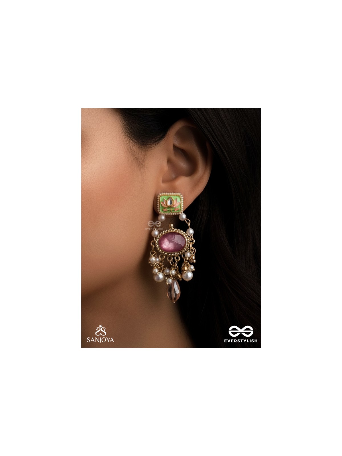 MRINALIKA - LOTUS PETAL - GRACEFUL ENAMELLED HANDCRAFTED KUNDAN EARRINGS WITH SOFT PASTEL GEMSTONES