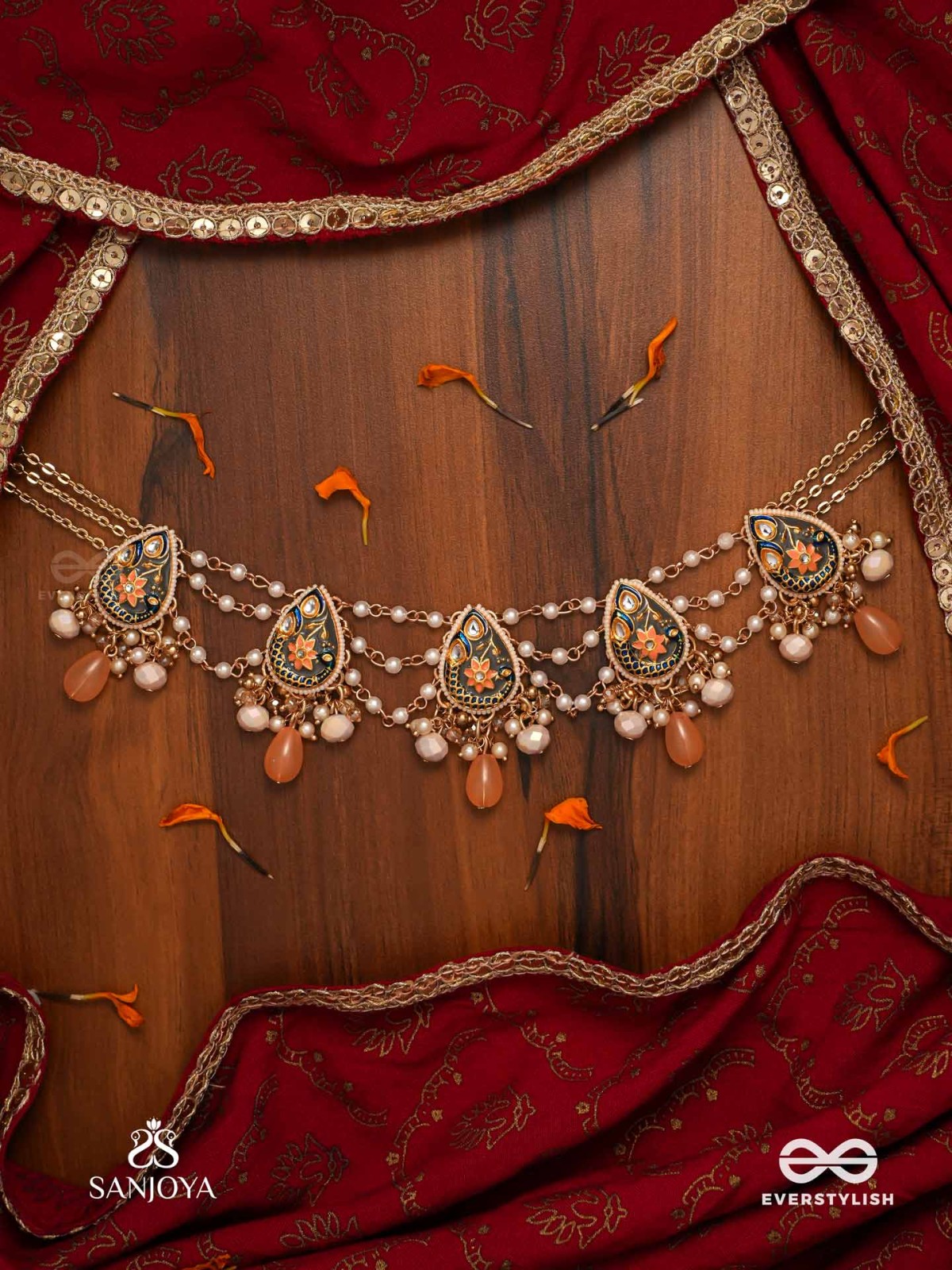 SANDHYAPRIYA - LOVER OF DUSK - EXQUISITE GOLDEN ENAMELLED KUNDAN NECKLACE WITH LUSTROUS ORANGE GEM DROPS