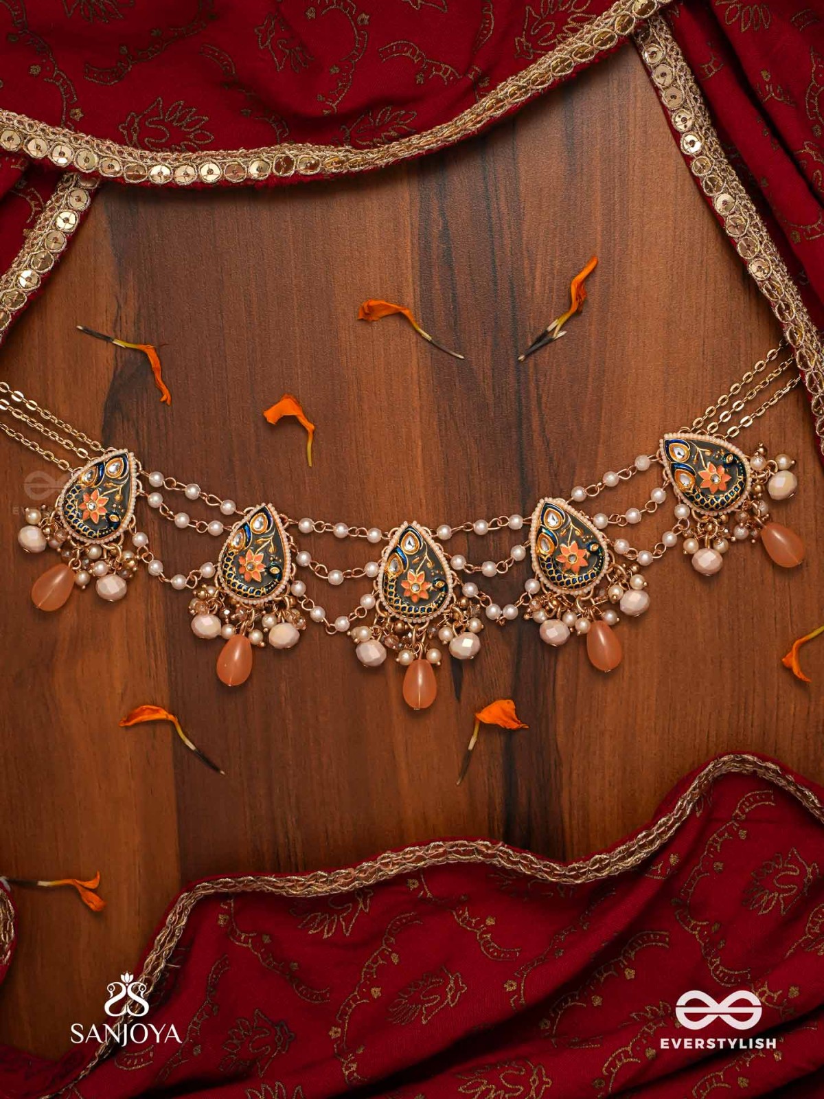 SANDHYAPRIYA - LOVER OF DUSK - EXQUISITE GOLDEN ENAMELLED KUNDAN NECKLACE WITH LUSTROUS ORANGE GEM DROPS