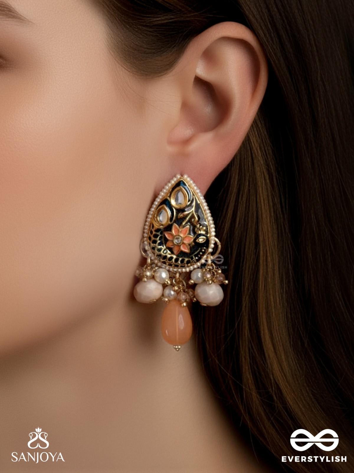 SANDHYAPRIYA - LOVER OF DUSK - EXQUISITE GOLDEN ENAMELLED KUNDAN EARRINGS WITH LUSTROUS ORANGE GEM DROPS