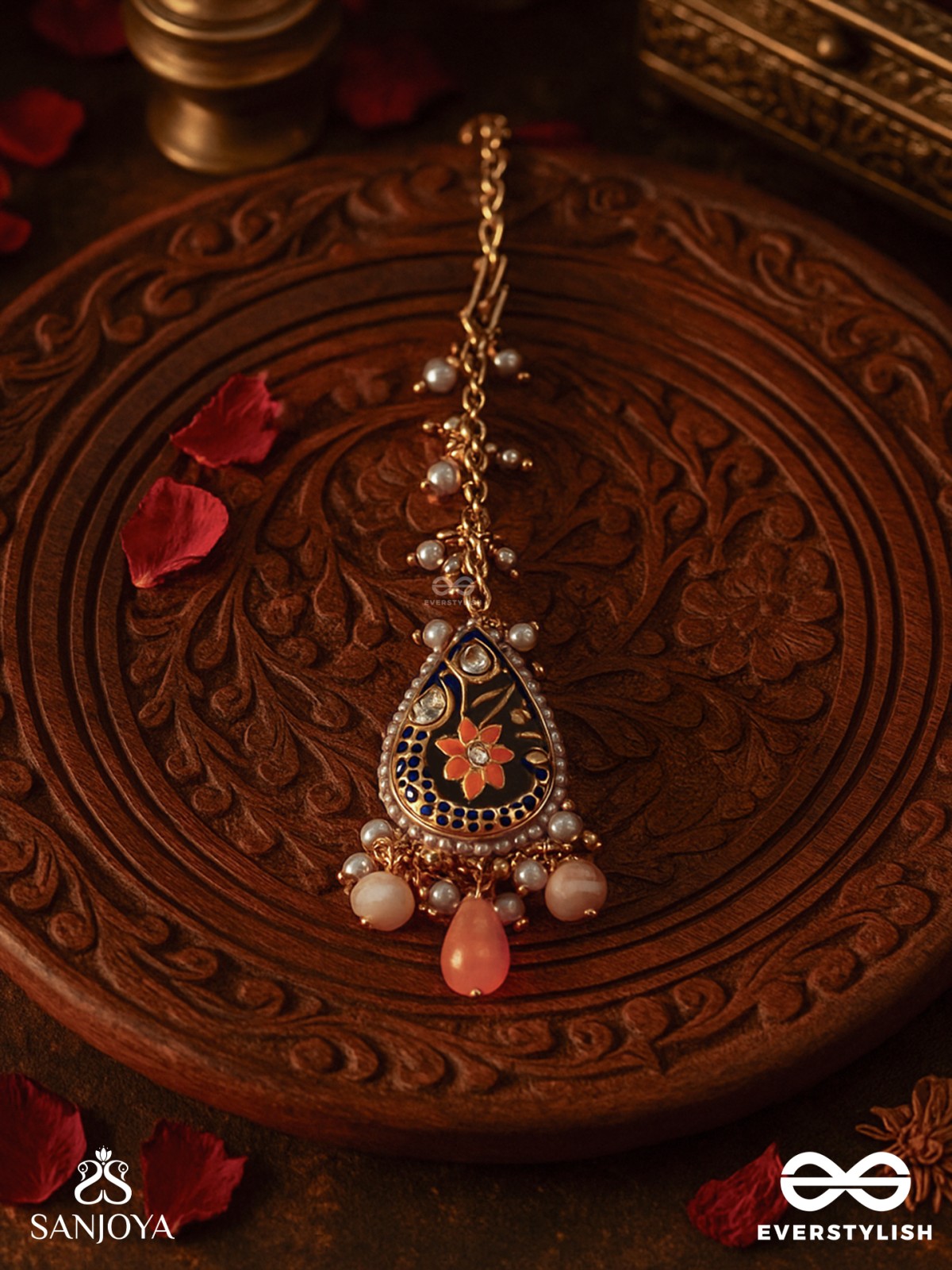 SANDHYAPRIYA - LOVER OF DUSK - EXQUISITE GOLDEN ENAMELLED KUNDAN MAANGTIKA WITH LUSTROUS ORANGE GEM DROPS