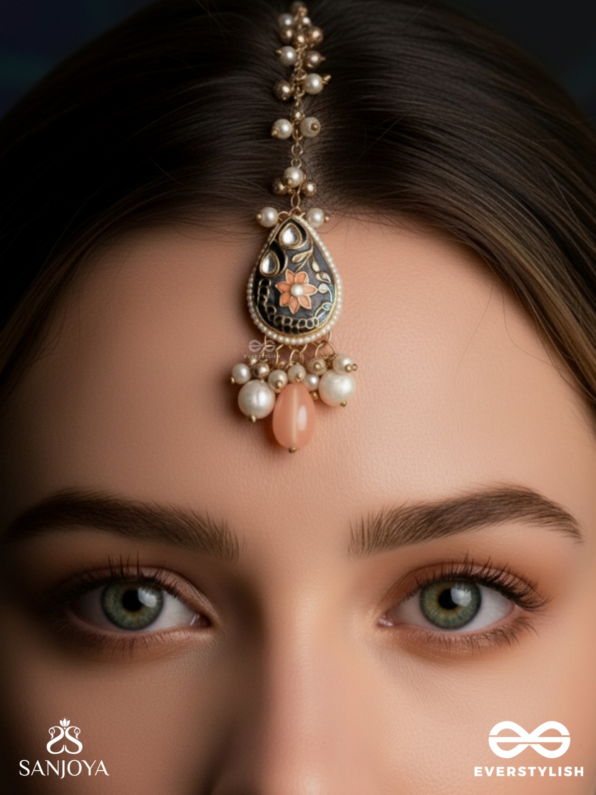 SANDHYAPRIYA - LOVER OF DUSK - EXQUISITE GOLDEN ENAMELLED KUNDAN MAANGTIKA WITH LUSTROUS ORANGE GEM DROPS