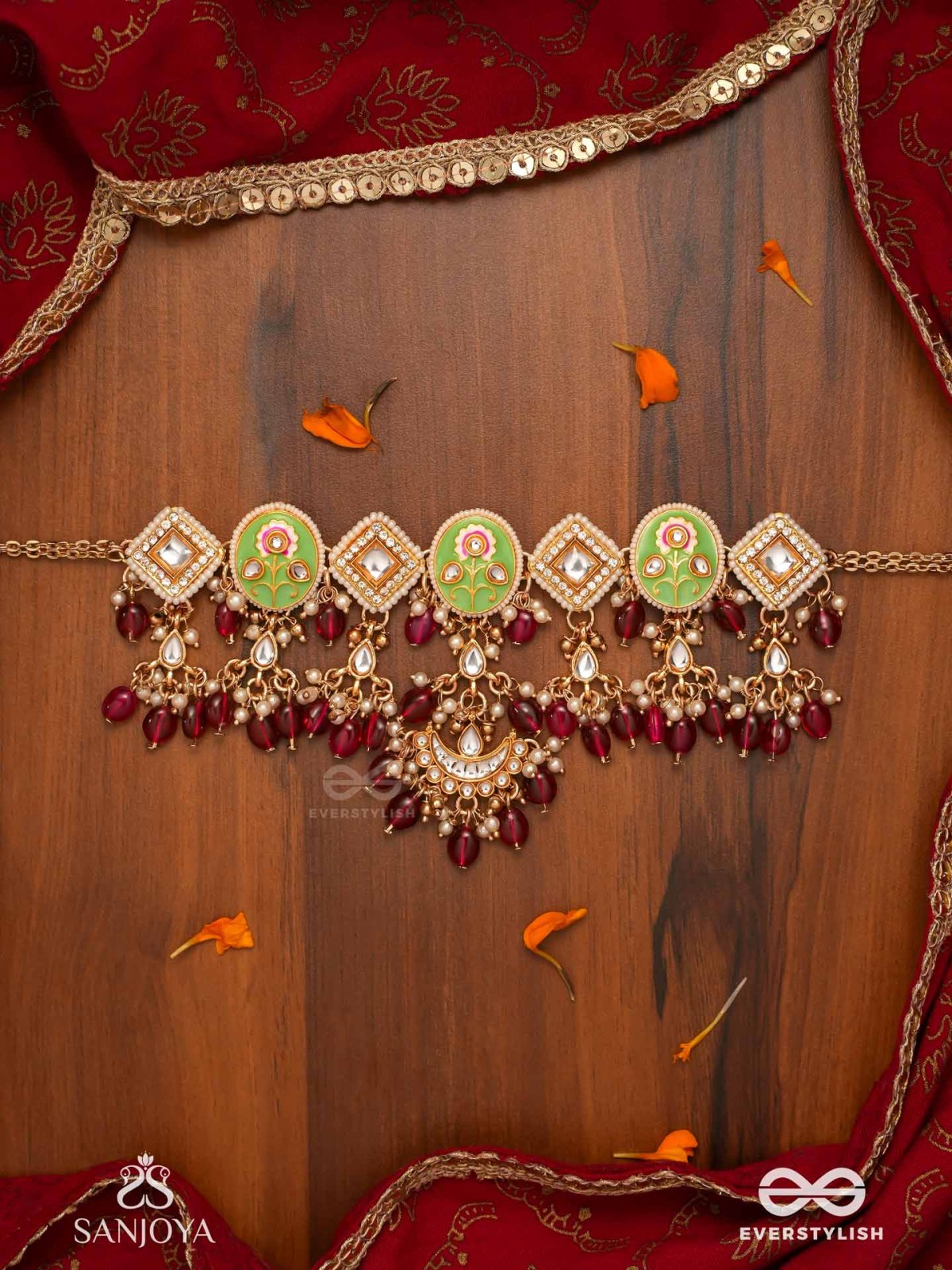 PUSHPALEKHA - STROKES OF FLOWERS - INTRICATE FLORAL ENAMELLED KUNDAN NECKLACE WITH RUBY BEADS