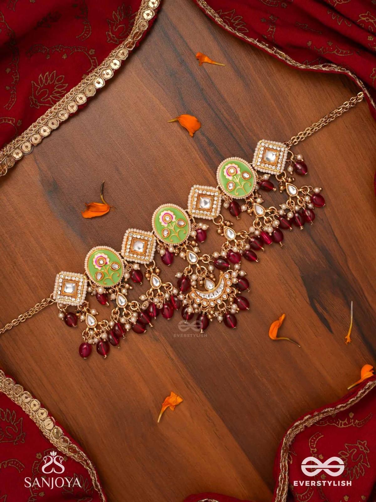 PUSHPALEKHA - STROKES OF FLOWERS - INTRICATE FLORAL ENAMELLED KUNDAN NECKLACE WITH RUBY BEADS