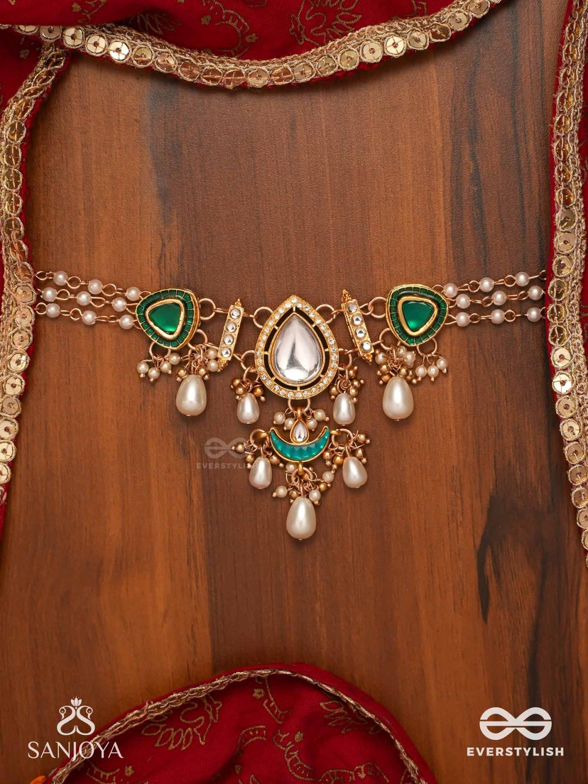 RATNODYA - RISING GEM - DAZZLING KUNDAN CHOKER WITH PEARLS AND ROYAL GREEN AND GOLD ACCENTS