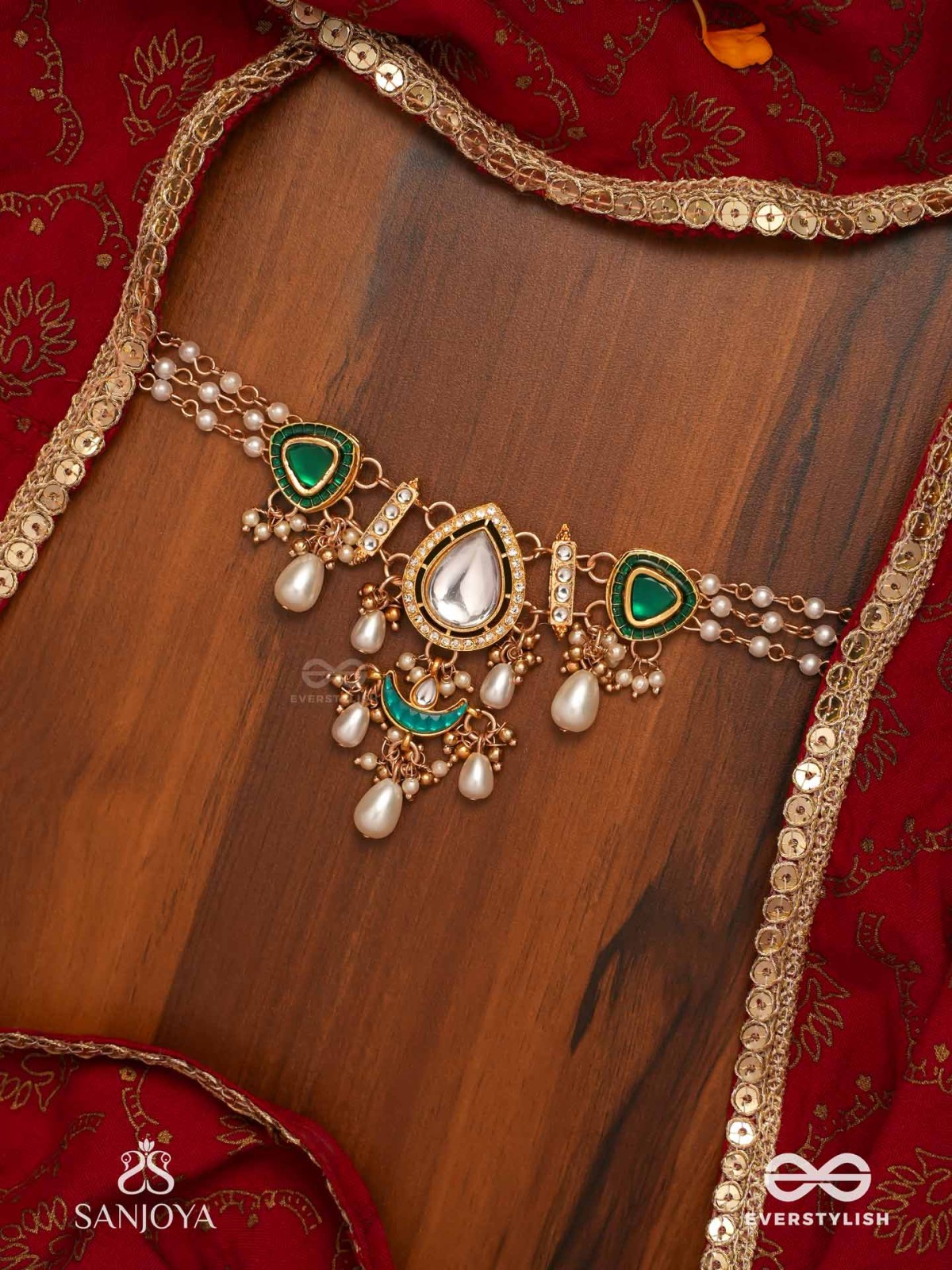 RATNODYA - RISING GEM - DAZZLING KUNDAN CHOKER WITH PEARLS AND ROYAL GREEN AND GOLD ACCENTS