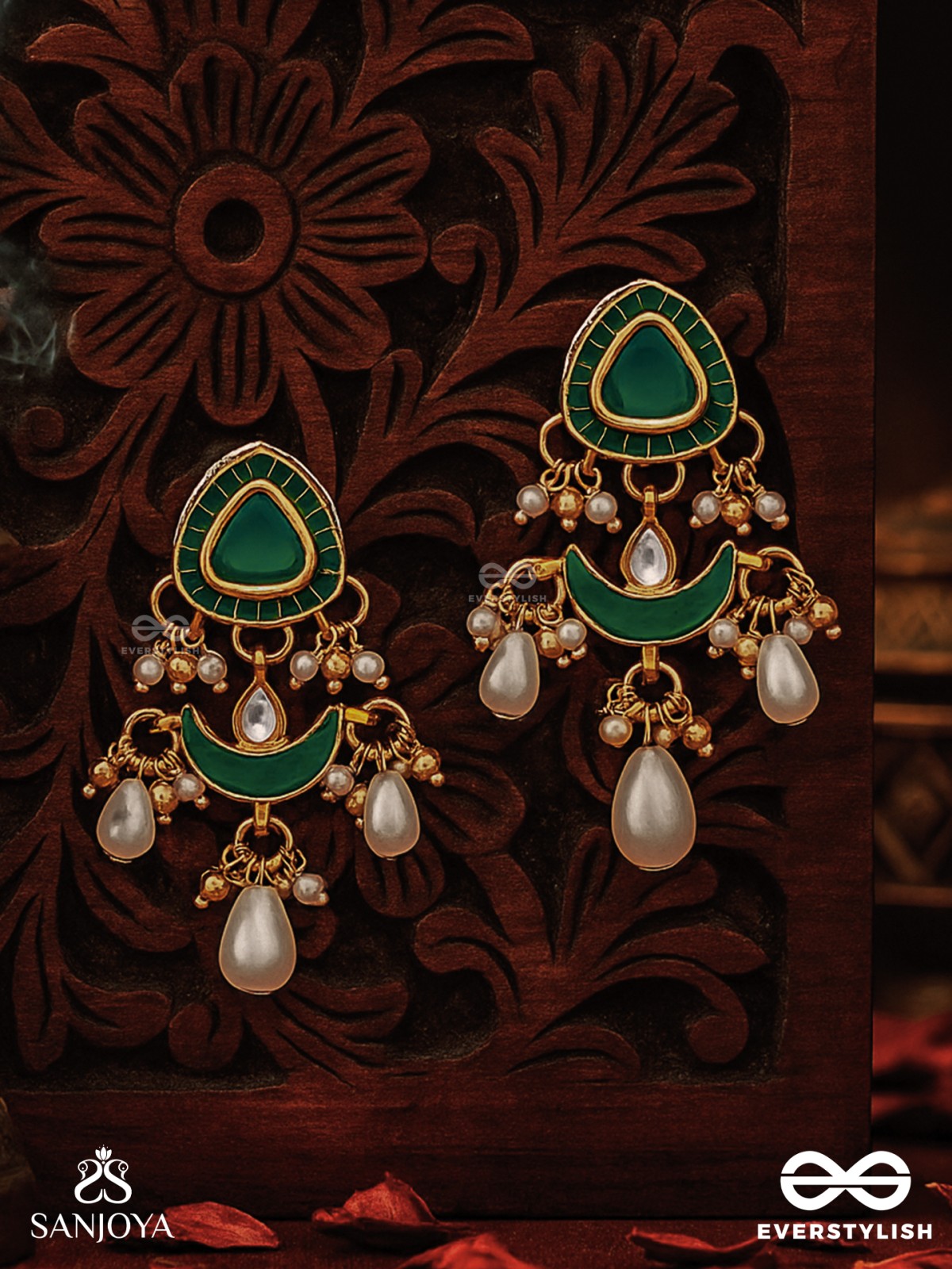 RATNODYA - RISING GEM - DAZZLING KUNDAN EARRINGS WITH PEARLS AND ROYAL GREEN AND GOLD ACCENTS