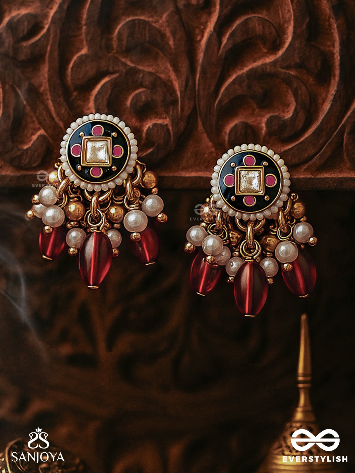 RUDRARAGA - MELODY OF RED - INTRICATE KUNDAN EARRINGS  WITH RUBY BEADS AND GOLDEN DETAILS