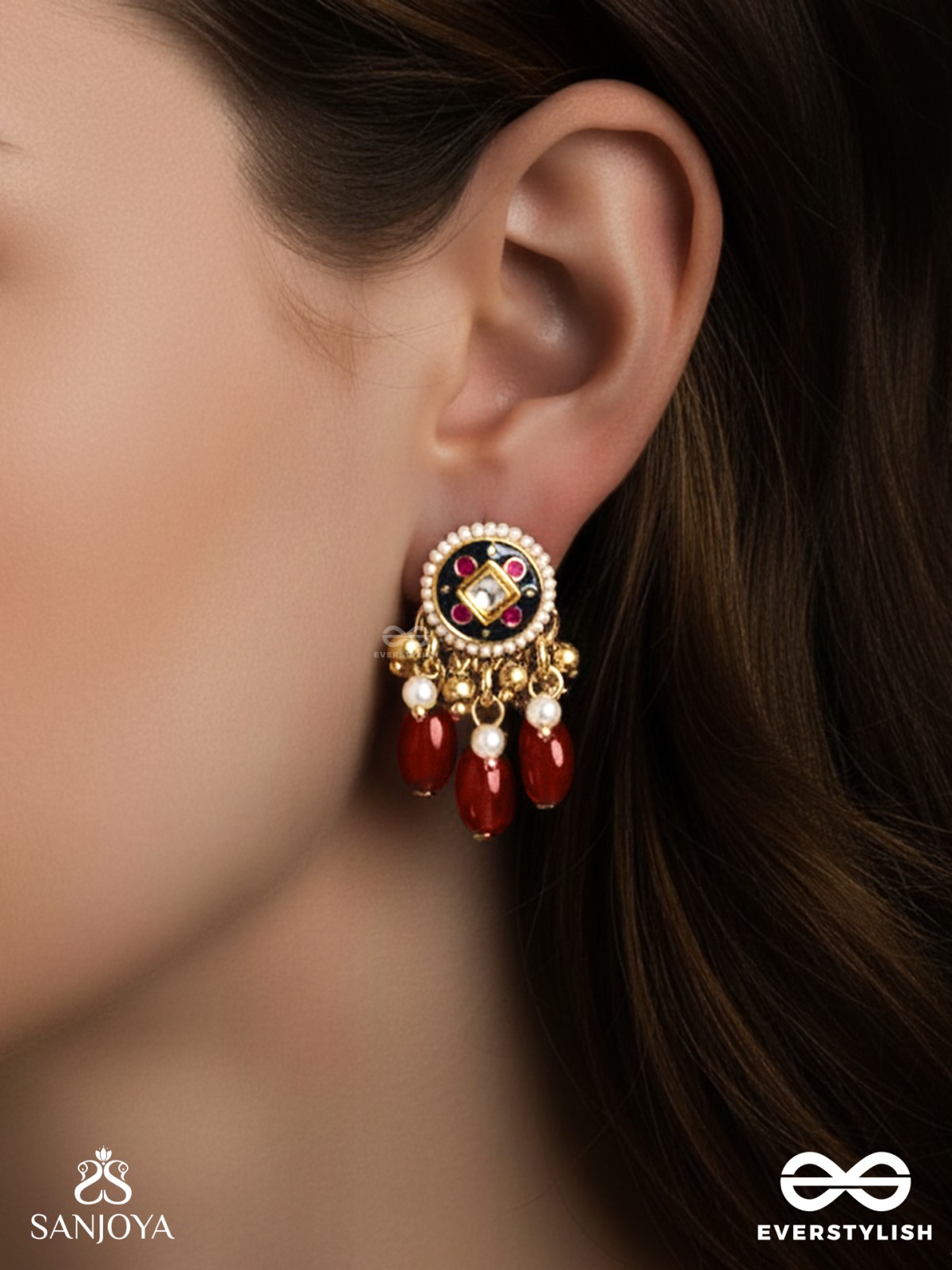 RUDRARAGA - MELODY OF RED - INTRICATE KUNDAN EARRINGS  WITH RUBY BEADS AND GOLDEN DETAILS