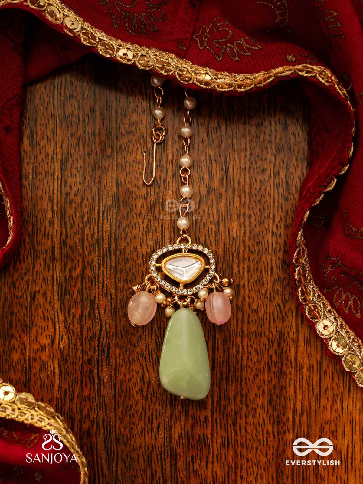 SHITALA - COOLING GRACE - CLASSIC GREEN KUNDAN POLKI MAANGTIKA WITH GOLDEN DETAILS AND SOFT GEM ACCENTS