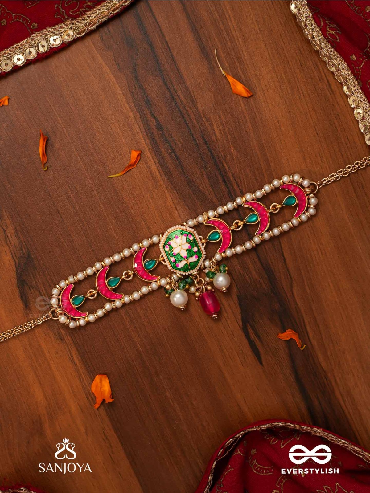 INDULEKHA - MOON'S BEAUTY - EXQUISITE CRESCENT-MOTIF KUNDAN CHOKER WITH ENAMEL DETAILS AND PEARL DROPS