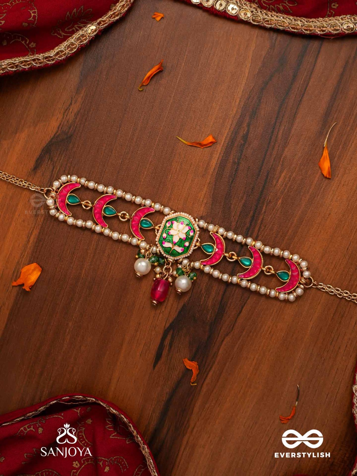 INDULEKHA - MOON'S BEAUTY - EXQUISITE CRESCENT-MOTIF KUNDAN CHOKER WITH ENAMEL DETAILS AND PEARL DROPS