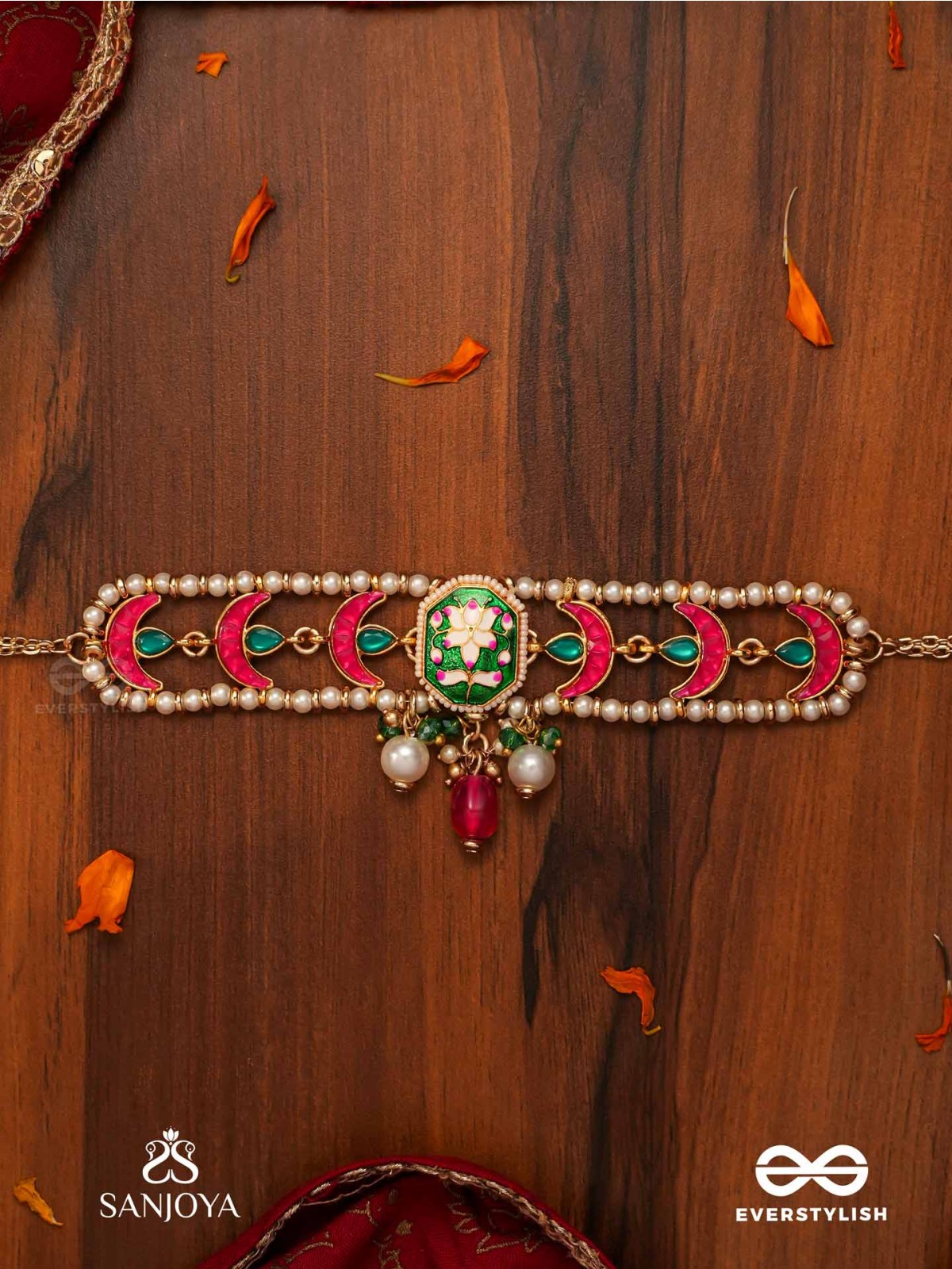 INDULEKHA - MOON'S BEAUTY - EXQUISITE CRESCENT-MOTIF KUNDAN CHOKER WITH ENAMEL DETAILS AND PEARL DROPS
