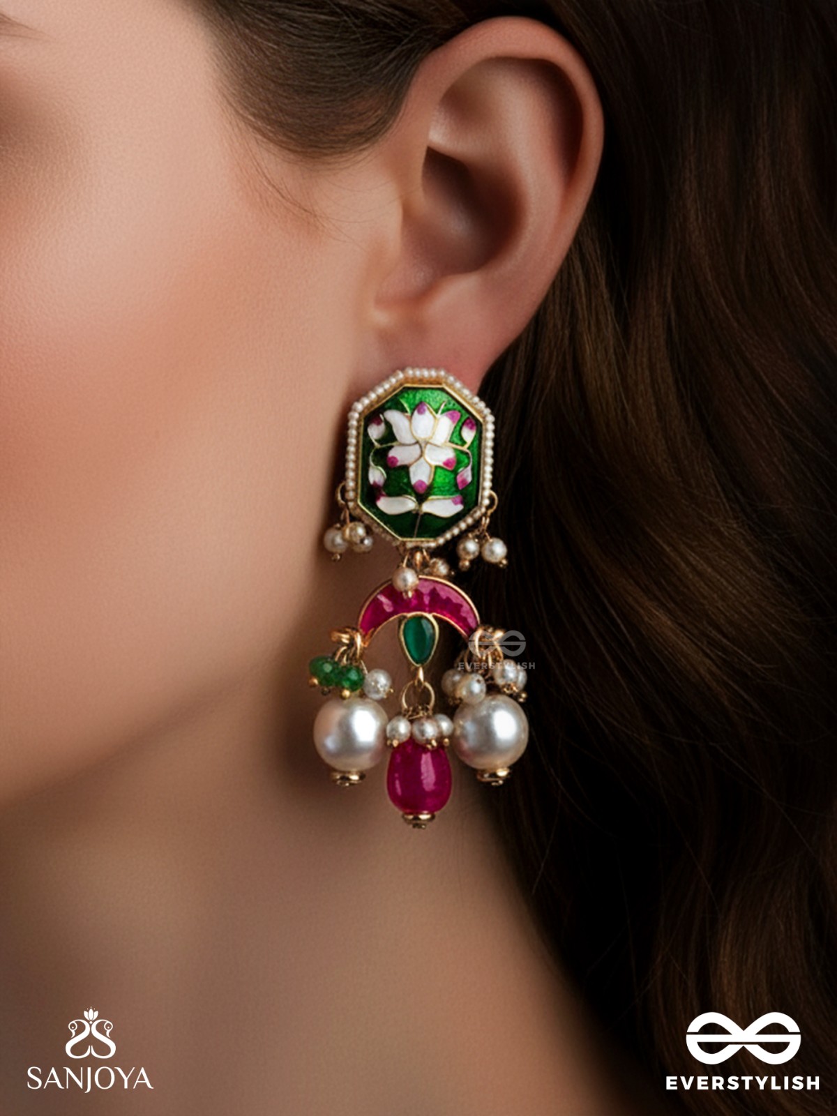 INDULEKHA - MOON'S BEAUTY - EXQUISITE CRESCENT-MOTIF KUNDAN EARRINGS WITH ENAMEL DETAILS AND PEARL DROPS