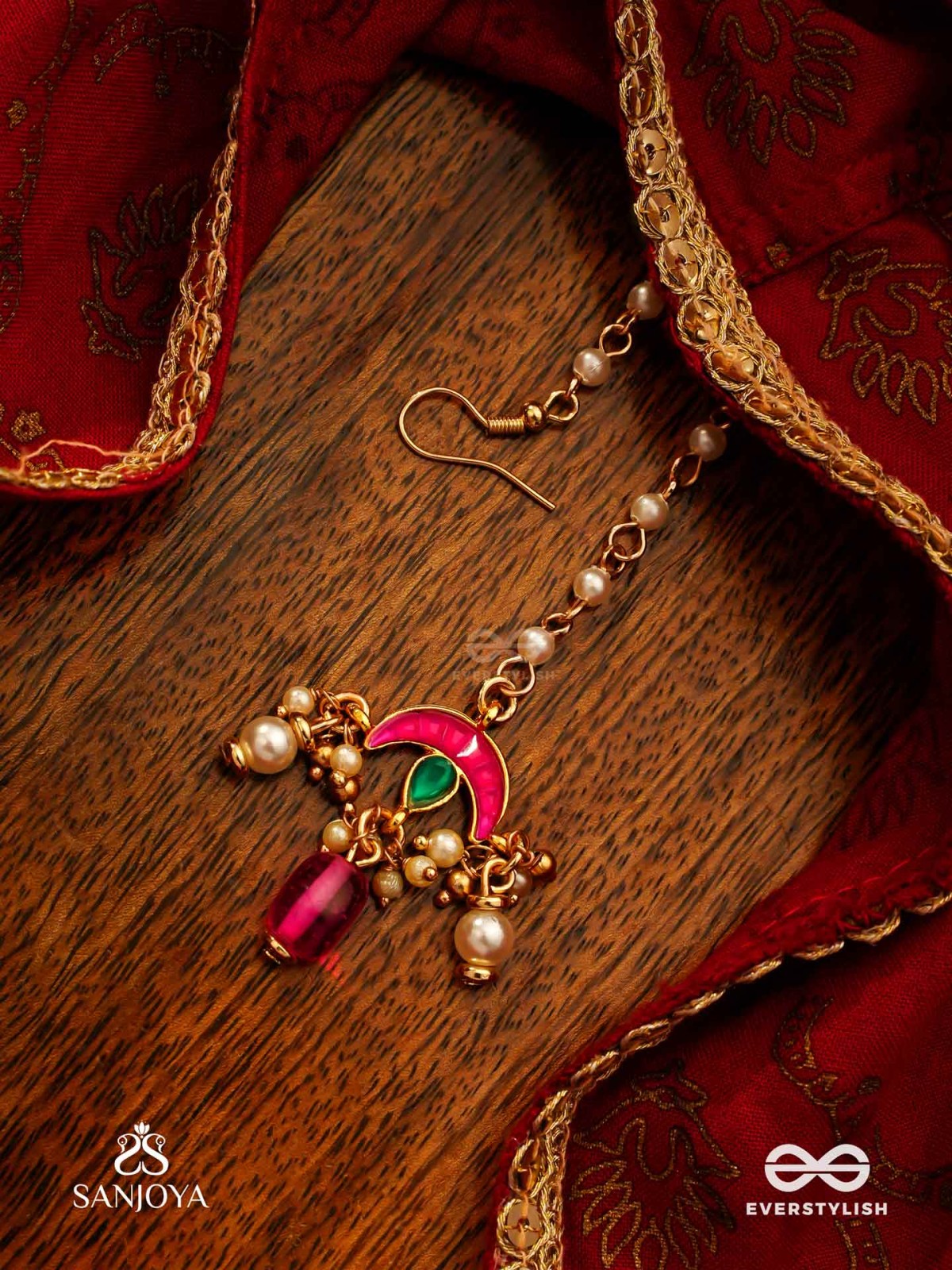 INDULEKHA - MOON'S BEAUTY - EXQUISITE CRESCENT-MOTIF KUNDAN MAANGTIKA WITH ENAMEL DETAILS AND PEARL DROPS