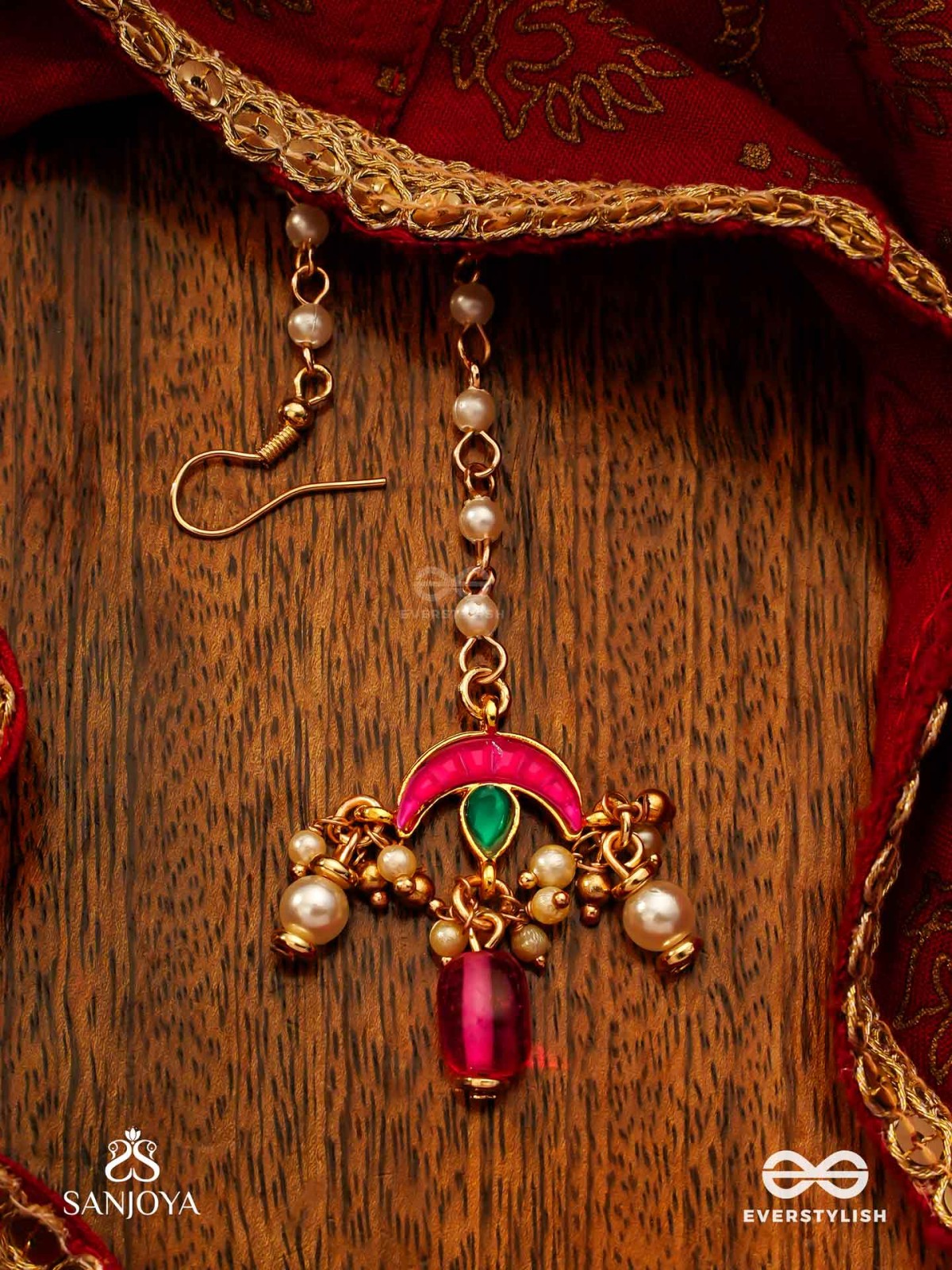 INDULEKHA - MOON'S BEAUTY - EXQUISITE CRESCENT-MOTIF KUNDAN MAANGTIKA WITH ENAMEL DETAILS AND PEARL DROPS
