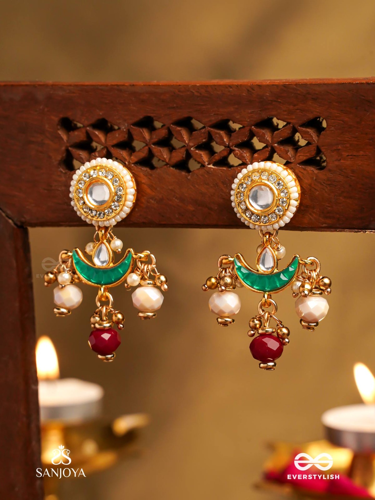 INDURAGA - MELODY OF THE MOON - ROYAL KUNDAN EARRINGS WITH CRESCENT MOTIFS AND RUBY DROPS